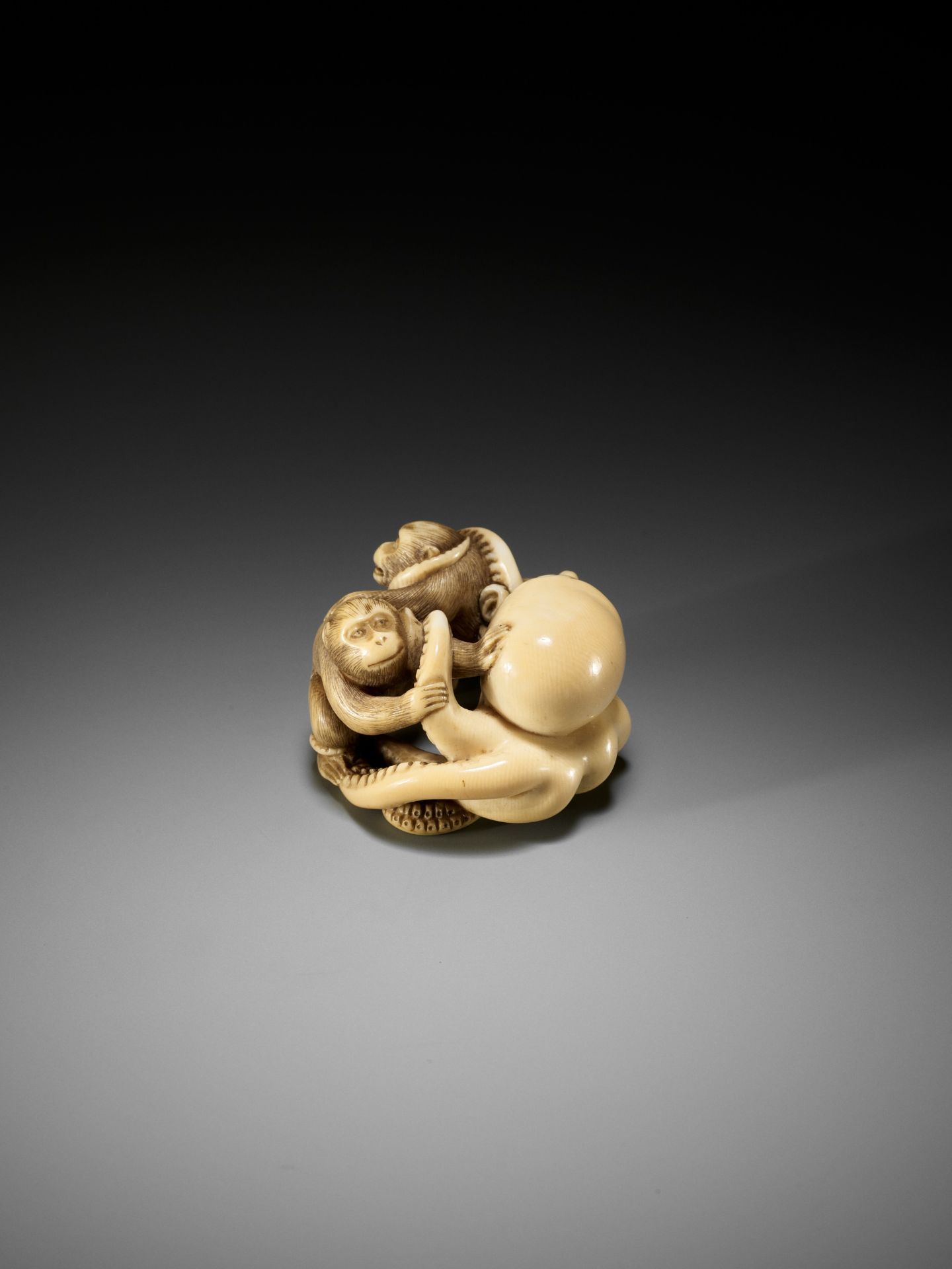 IKKOSAI: A SUPERB IVORY NETSUKE OF TWO MONKEYS FIGHTING AN OCTOPUS - Bild 11 aus 15