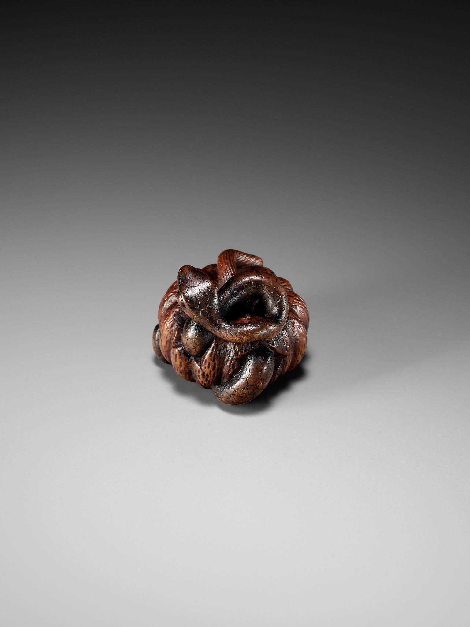 SHIGEMASA: A FINE NAGOYA SCHOOL WOOD NETSUKE OF SNAKE WINDING THROUGH A PUMPKIN - Image 2 of 11