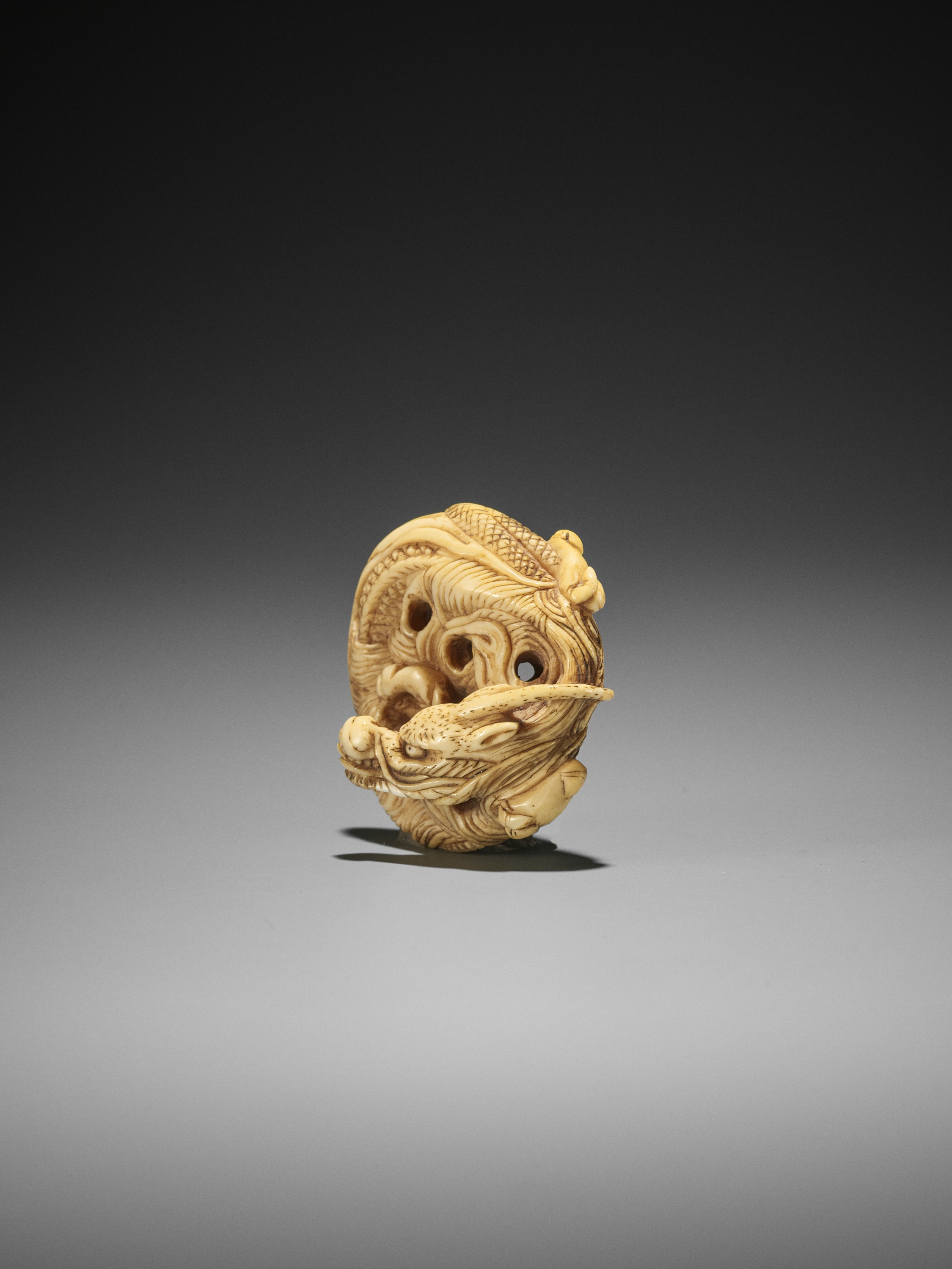 AN IVORY NETSUKE OF A COILED ONE-HORNED DRAGON - Image 3 of 10