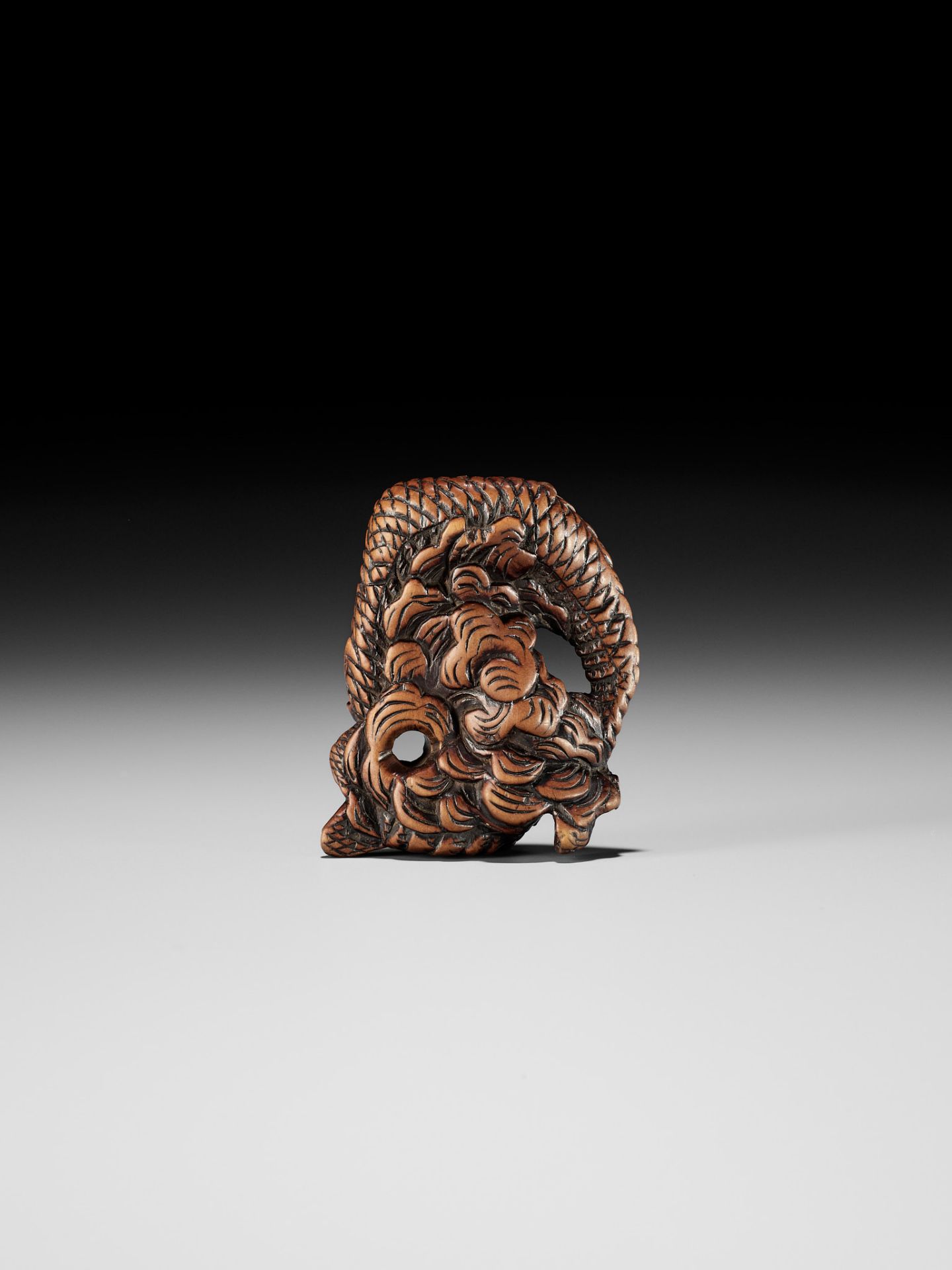 A POWERFUL WOOD NETSUKE OF A COILED DRAGON - Image 2 of 8