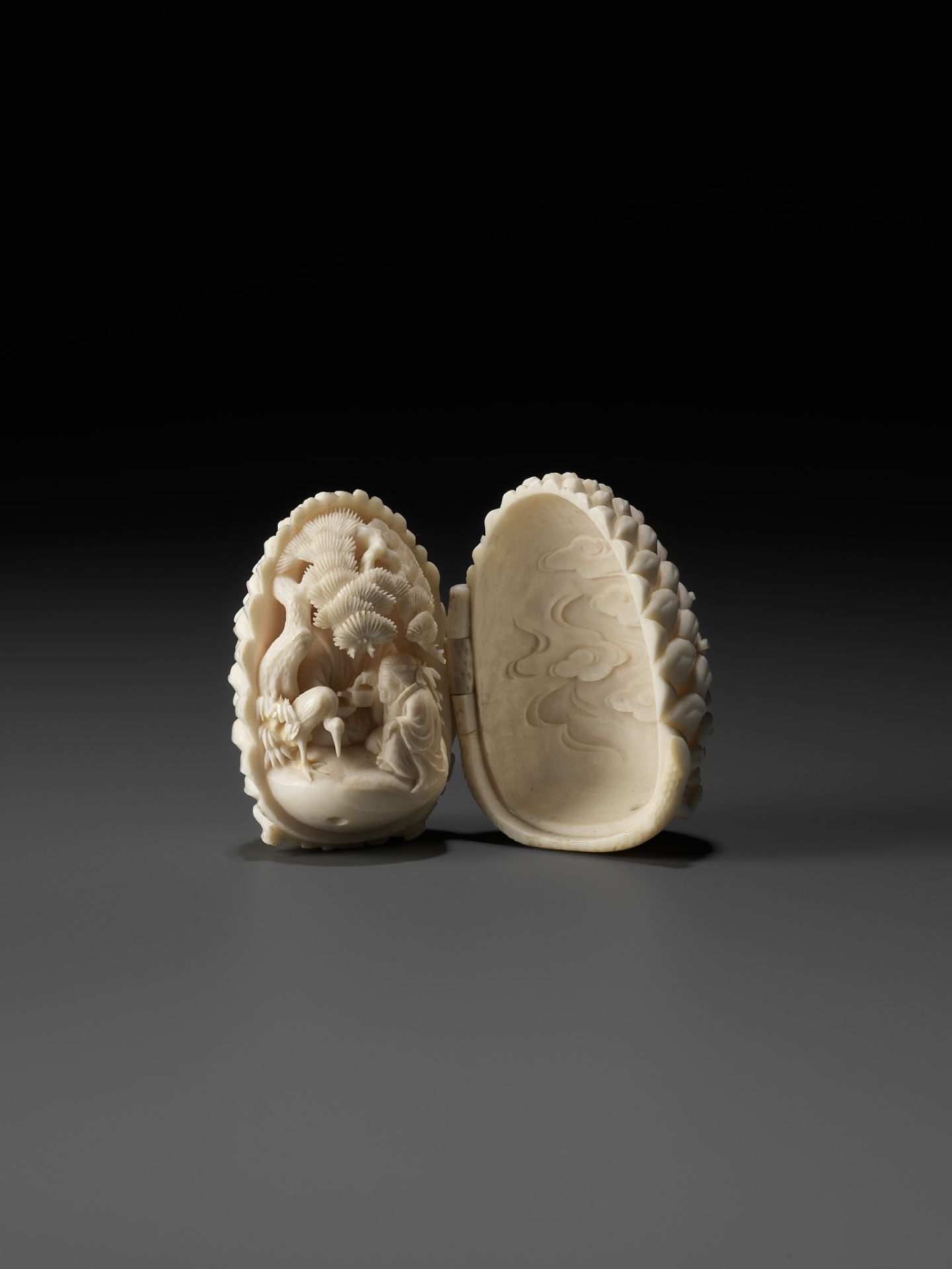 KAIGYOKU MASATSUGU: A FINE IVORY NETSUKE OF JO AND UBA INSIDE A PINECONE - Image 3 of 10