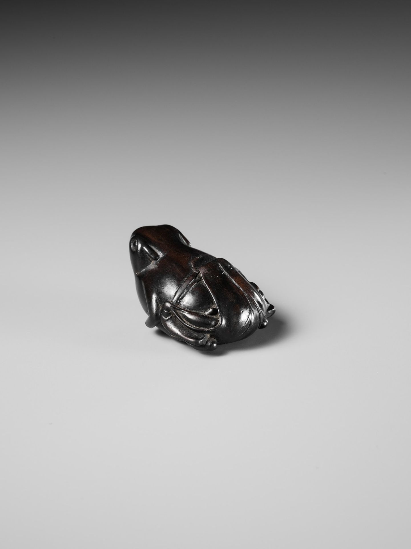 A RARE DARK WOOD NETSUKE OF A SUMO WRESTLING FROG - Image 8 of 13