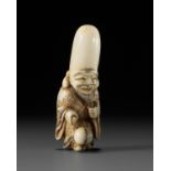 AN OSAKA SCHOOL IVORY NETSUKE OF FUKUROKUJU PLAYING KEMARI