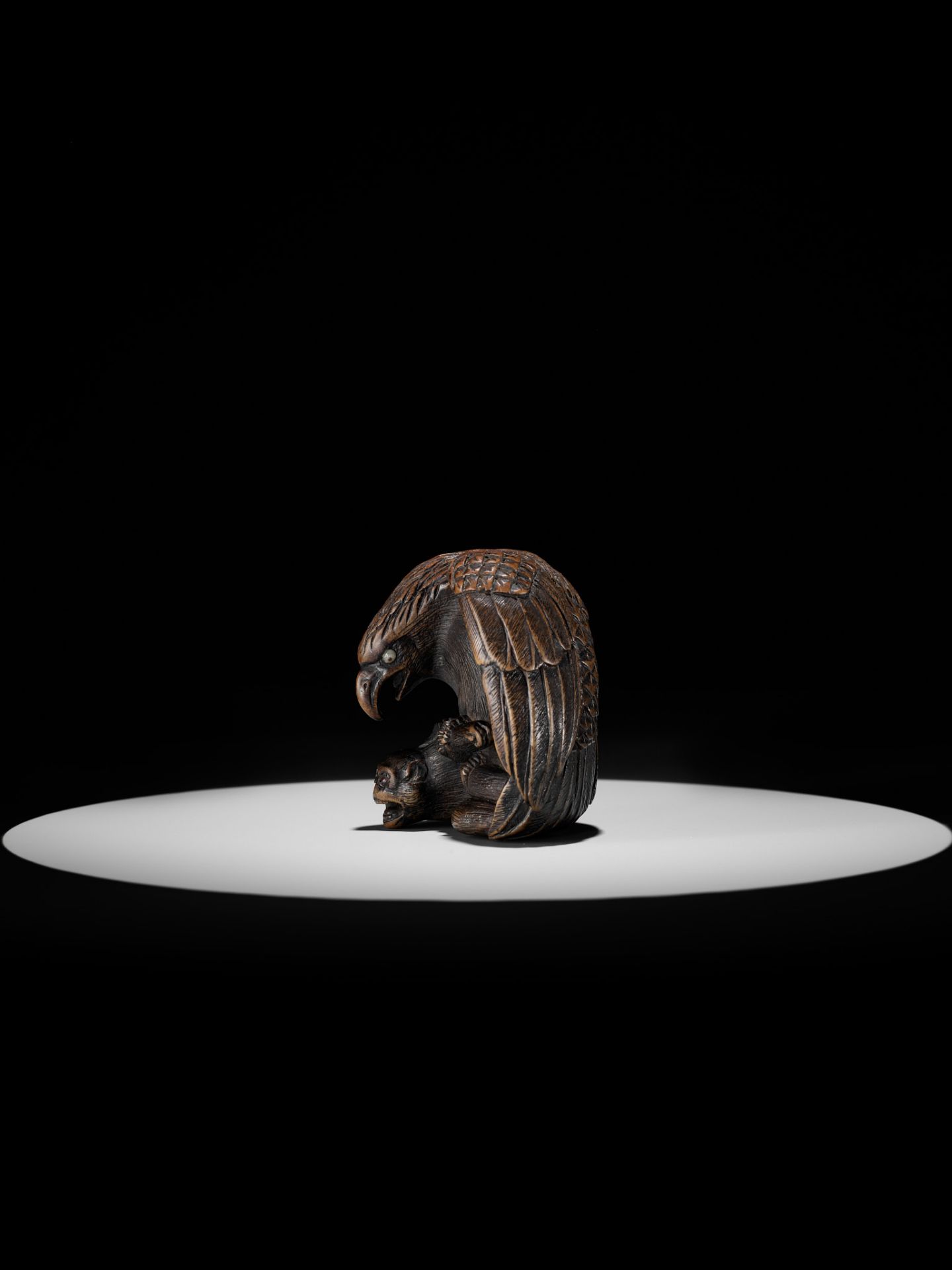 NOBUKAZU: A FINE WOOD NETSUKE OF AN EAGLE ATTACKING A MONKEY - Image 8 of 16