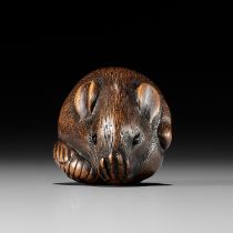 A FINE WOOD NETSUKE OF A COILED RAT