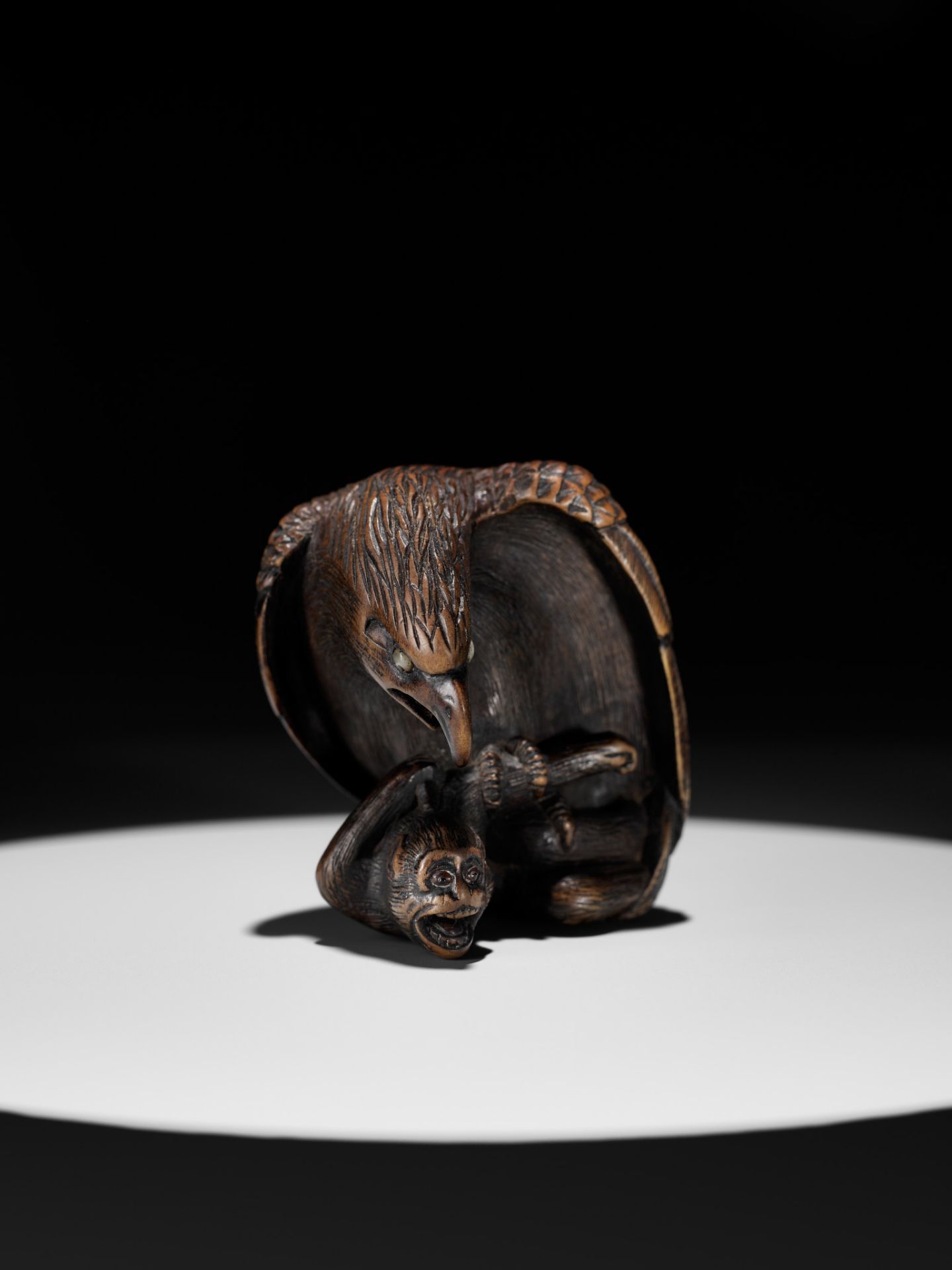 NOBUKAZU: A FINE WOOD NETSUKE OF AN EAGLE ATTACKING A MONKEY - Image 2 of 16