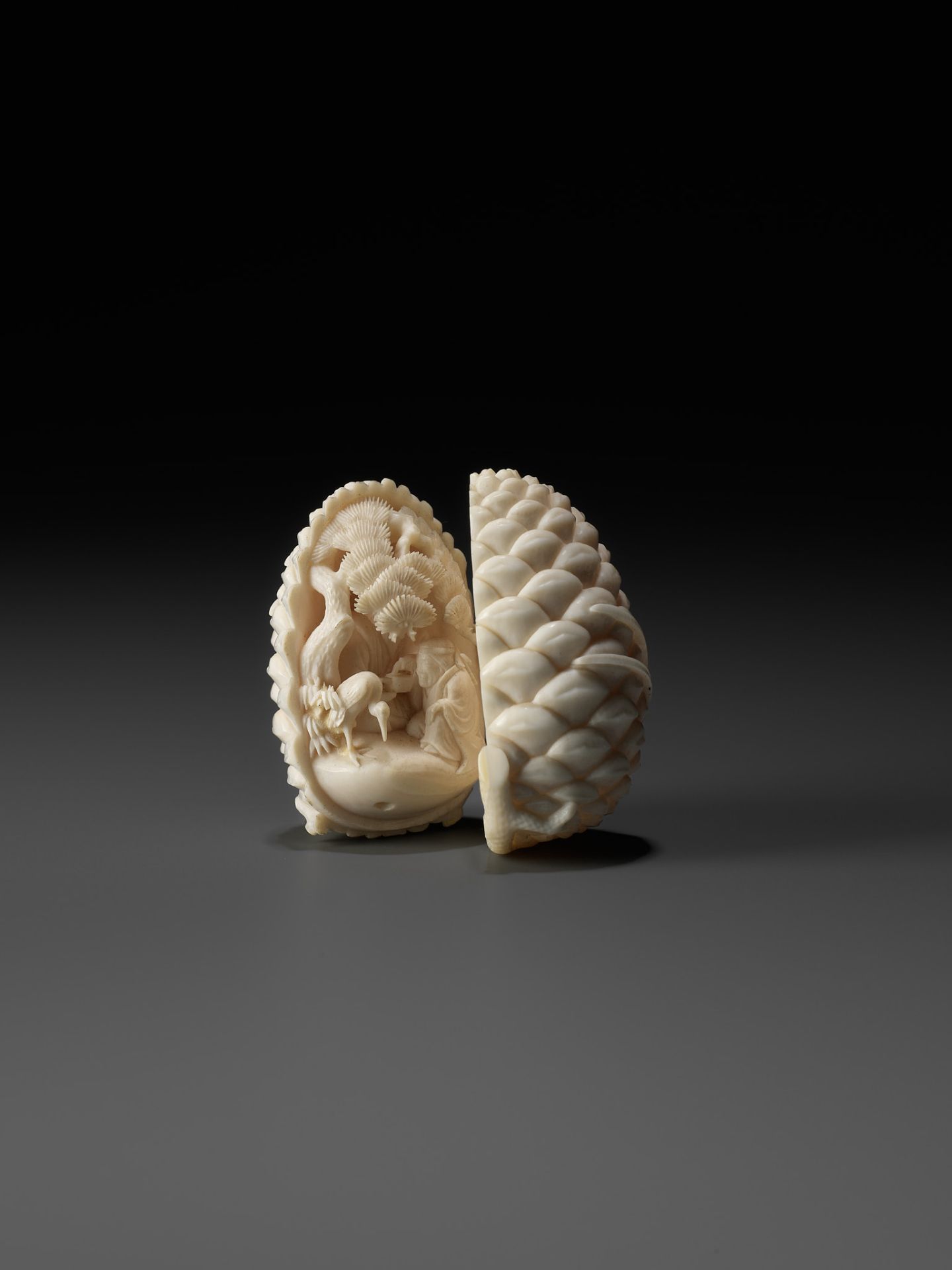 KAIGYOKU MASATSUGU: A FINE IVORY NETSUKE OF JO AND UBA INSIDE A PINECONE - Image 4 of 10