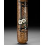 ISSHU: A FINE INLAID WOVEN RATTAN KISERUZUTSU WITH KIKU (CHRYSANTHEMUM) FLOWERS AND A TABLE SCREEN