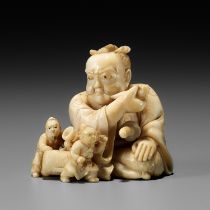 IKKOSAI: A VERY RARE IVORY NETSUKE OF WASOBEI IN THE LAND OF LILLIPUT