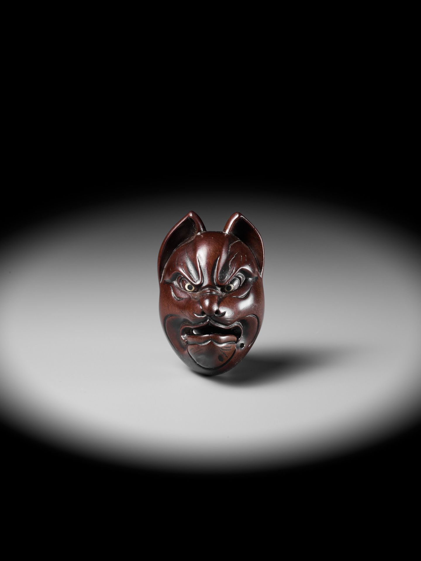 TAKASHIGE: A SUPERB AND LARGE WOOD MASK OF KITSUNE (FOX) WITH MOVABLE JAW - Image 2 of 16