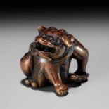 A WOOD NETSUKE OF A SHISHI SCRATCHING ITS JOWL, ATTRIBUTED TO RISUKE GARAKU