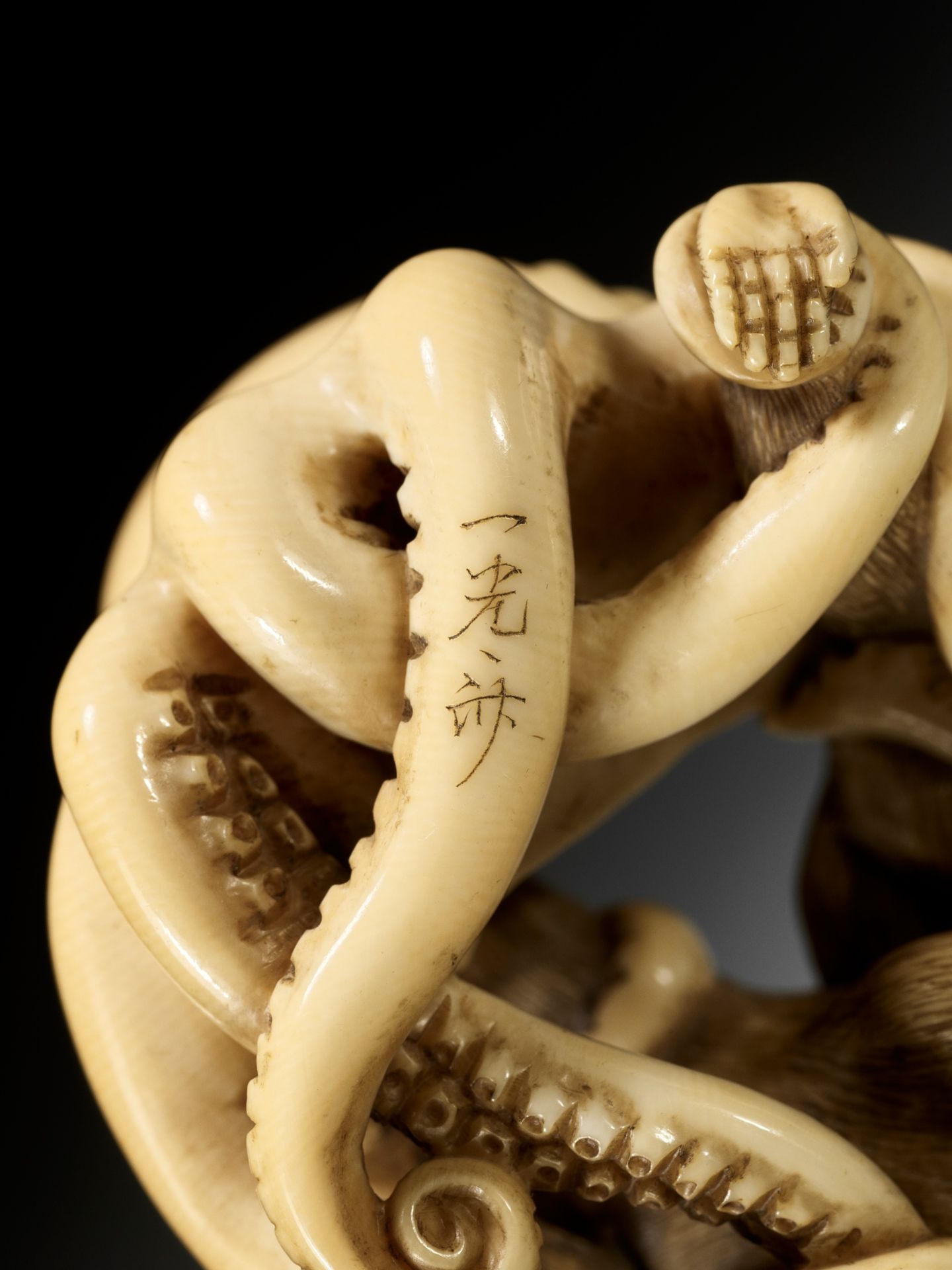 IKKOSAI: A SUPERB IVORY NETSUKE OF TWO MONKEYS FIGHTING AN OCTOPUS - Bild 15 aus 15