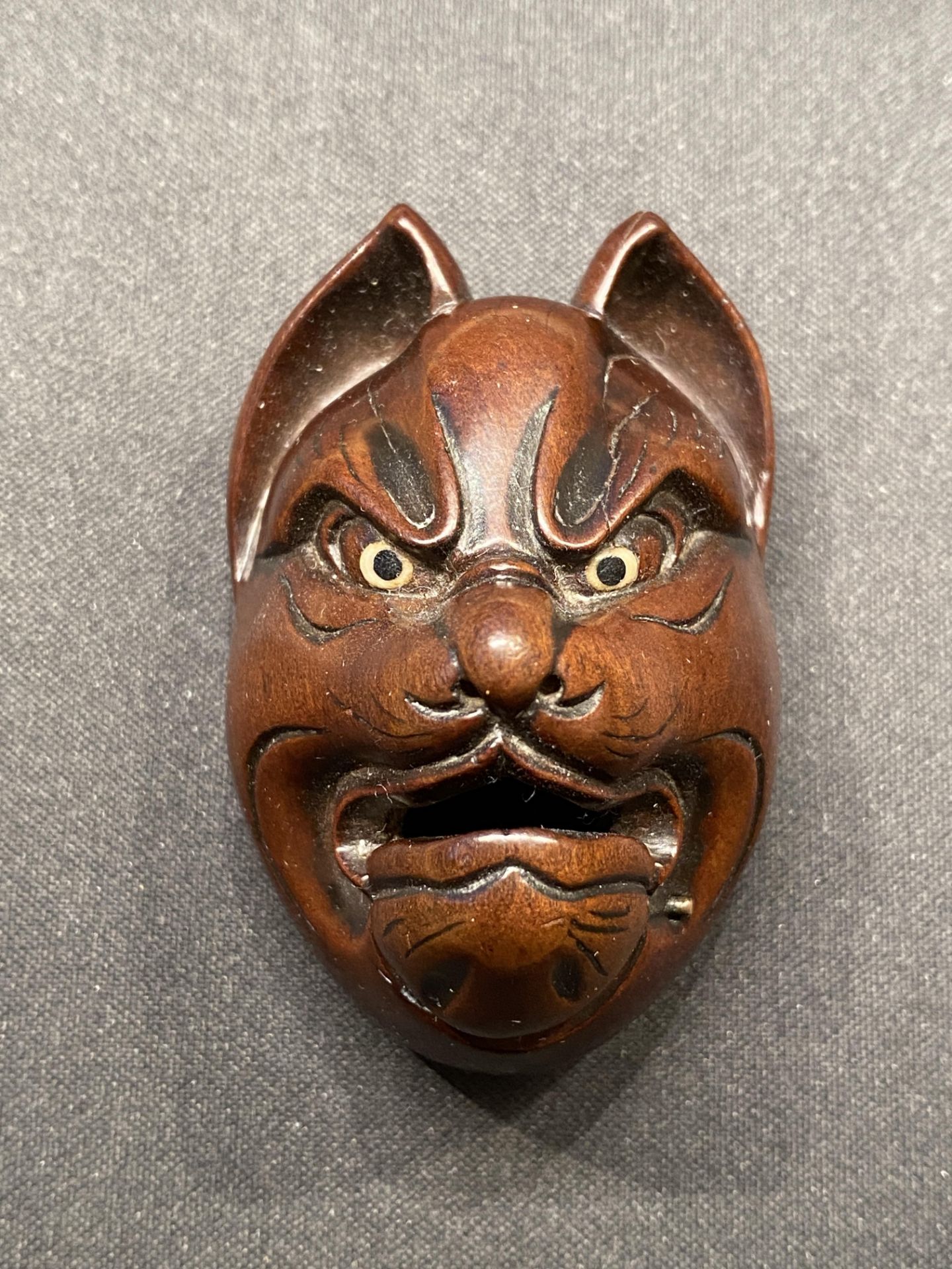 TAKASHIGE: A SUPERB AND LARGE WOOD MASK OF KITSUNE (FOX) WITH MOVABLE JAW - Image 16 of 16