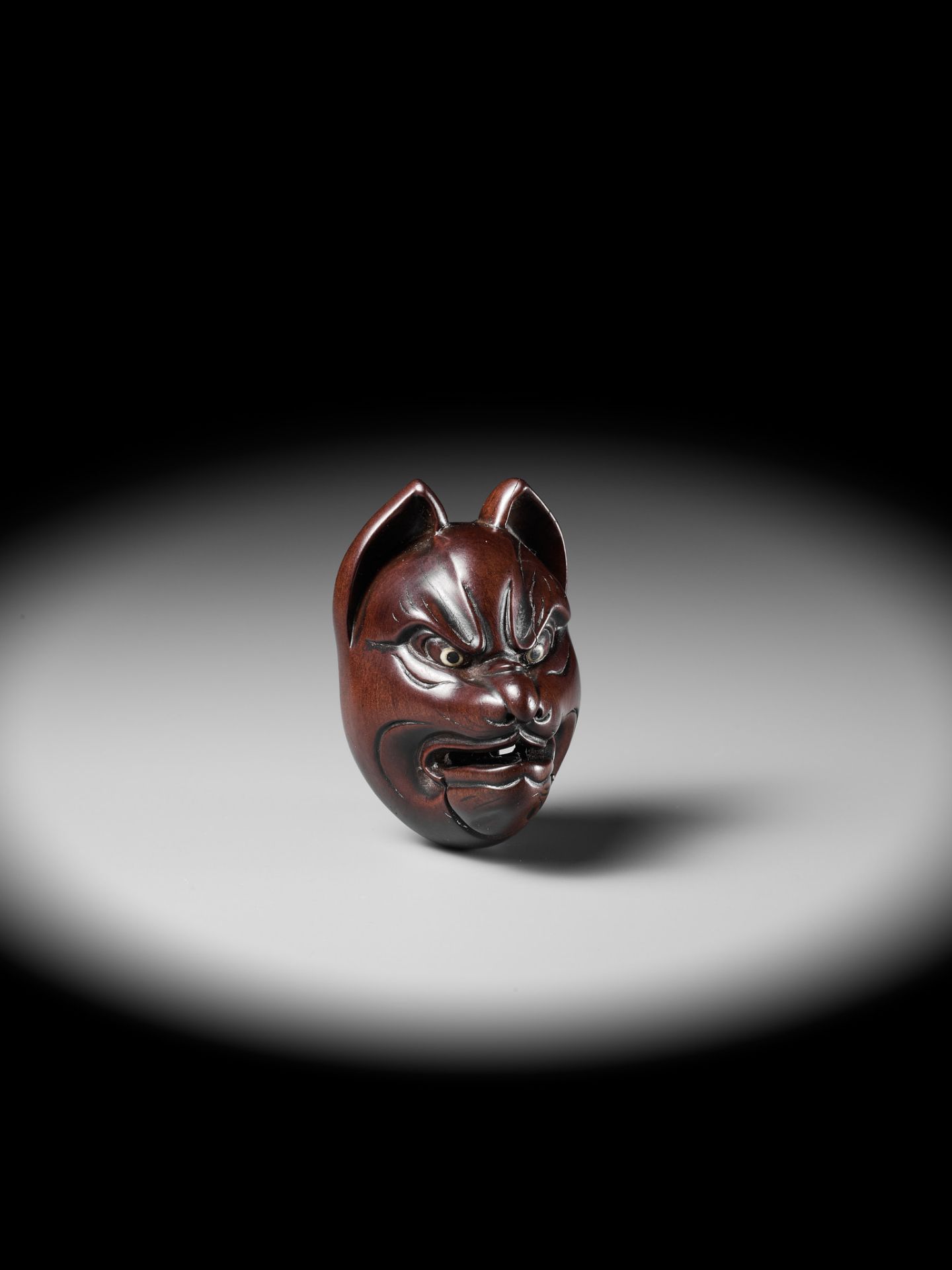 TAKASHIGE: A SUPERB AND LARGE WOOD MASK OF KITSUNE (FOX) WITH MOVABLE JAW - Image 9 of 16