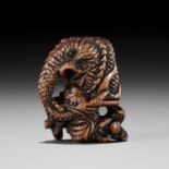 A POWERFUL WOOD NETSUKE OF A COILED DRAGON