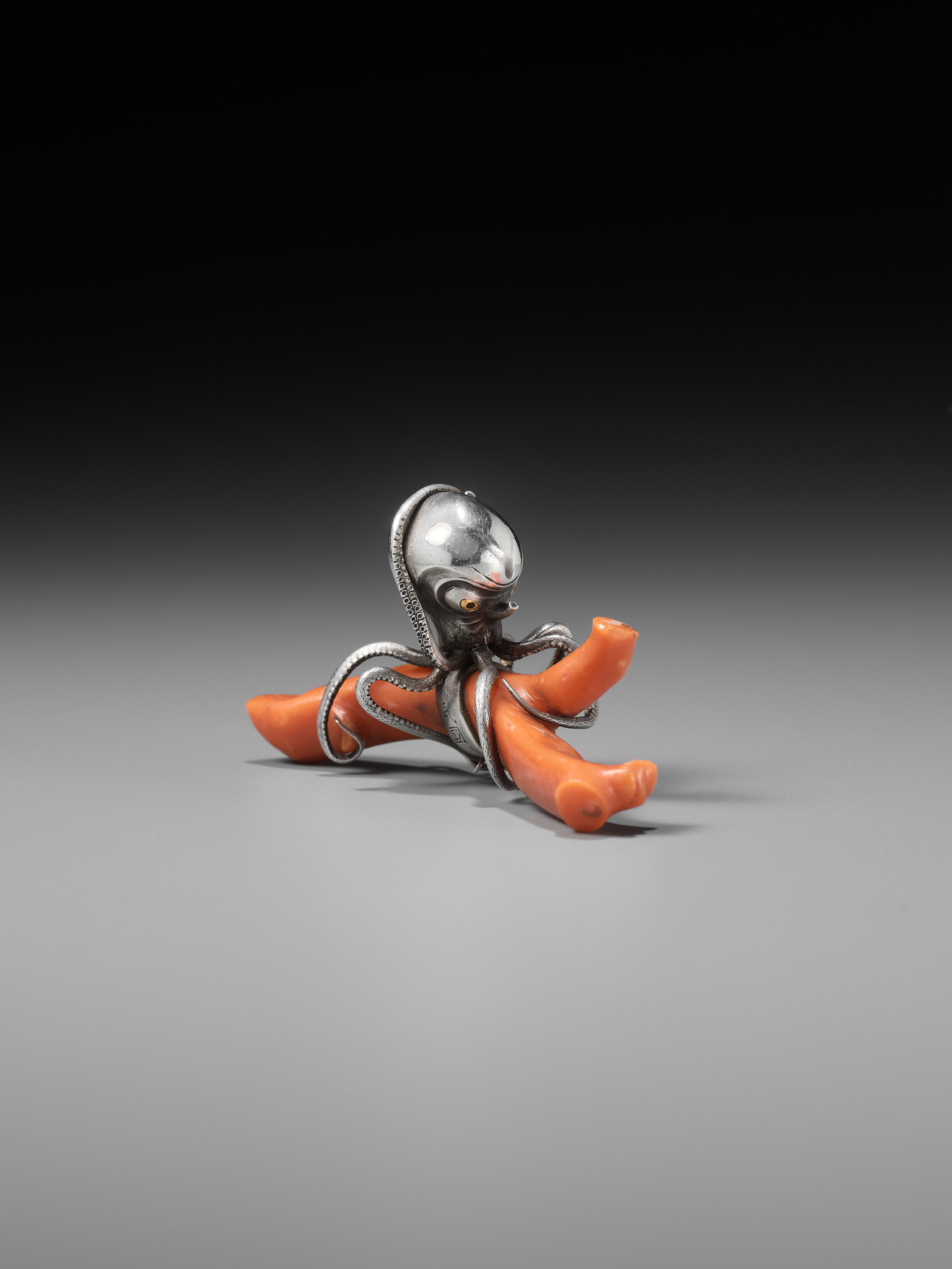 MINKOKU: A LARGE SILVER NETSUKE OF AN OCTOPUS GRASPING A PIECE OF CORAL - Image 12 of 14