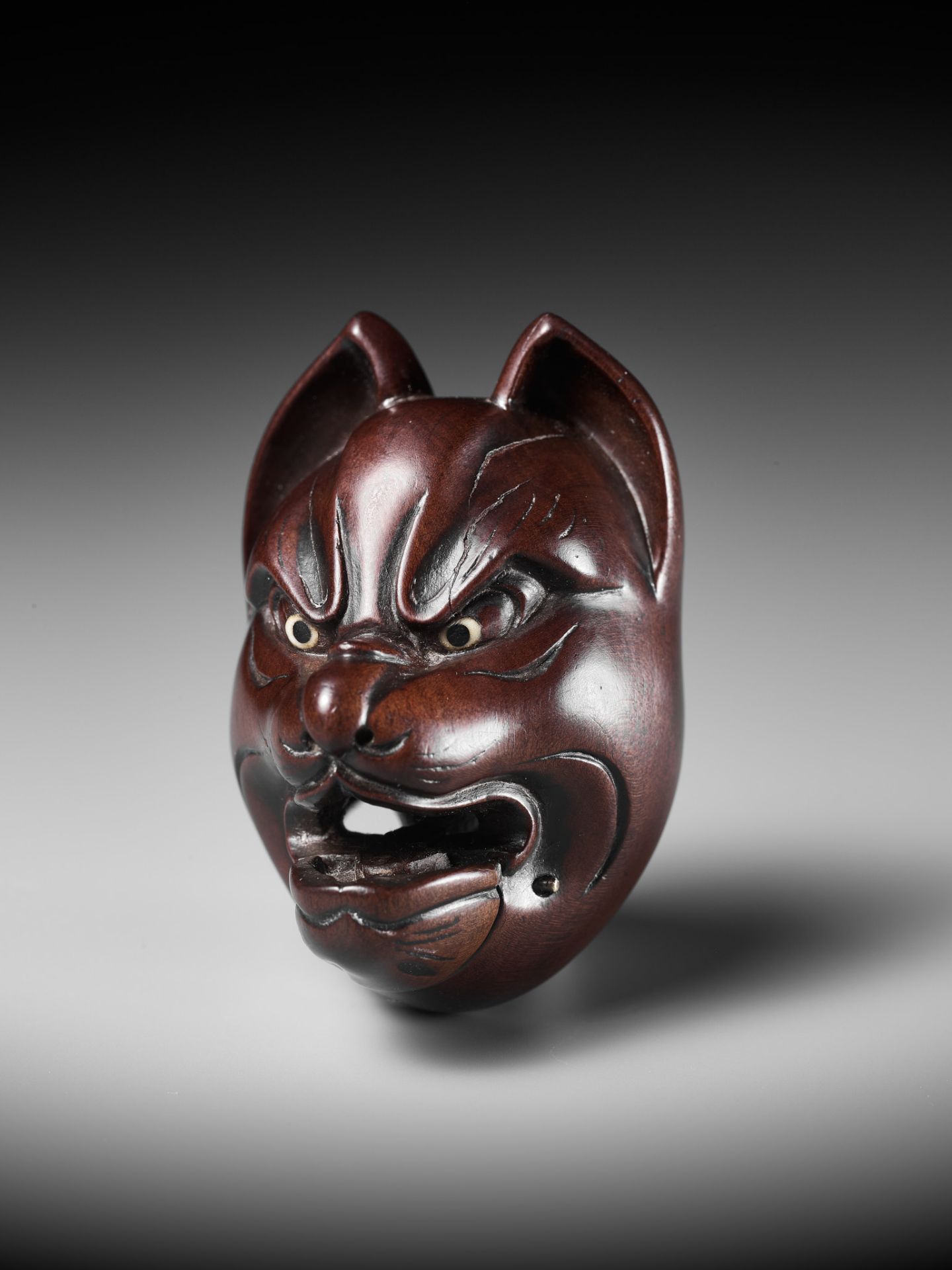 TAKASHIGE: A SUPERB AND LARGE WOOD MASK OF KITSUNE (FOX) WITH MOVABLE JAW - Image 13 of 16