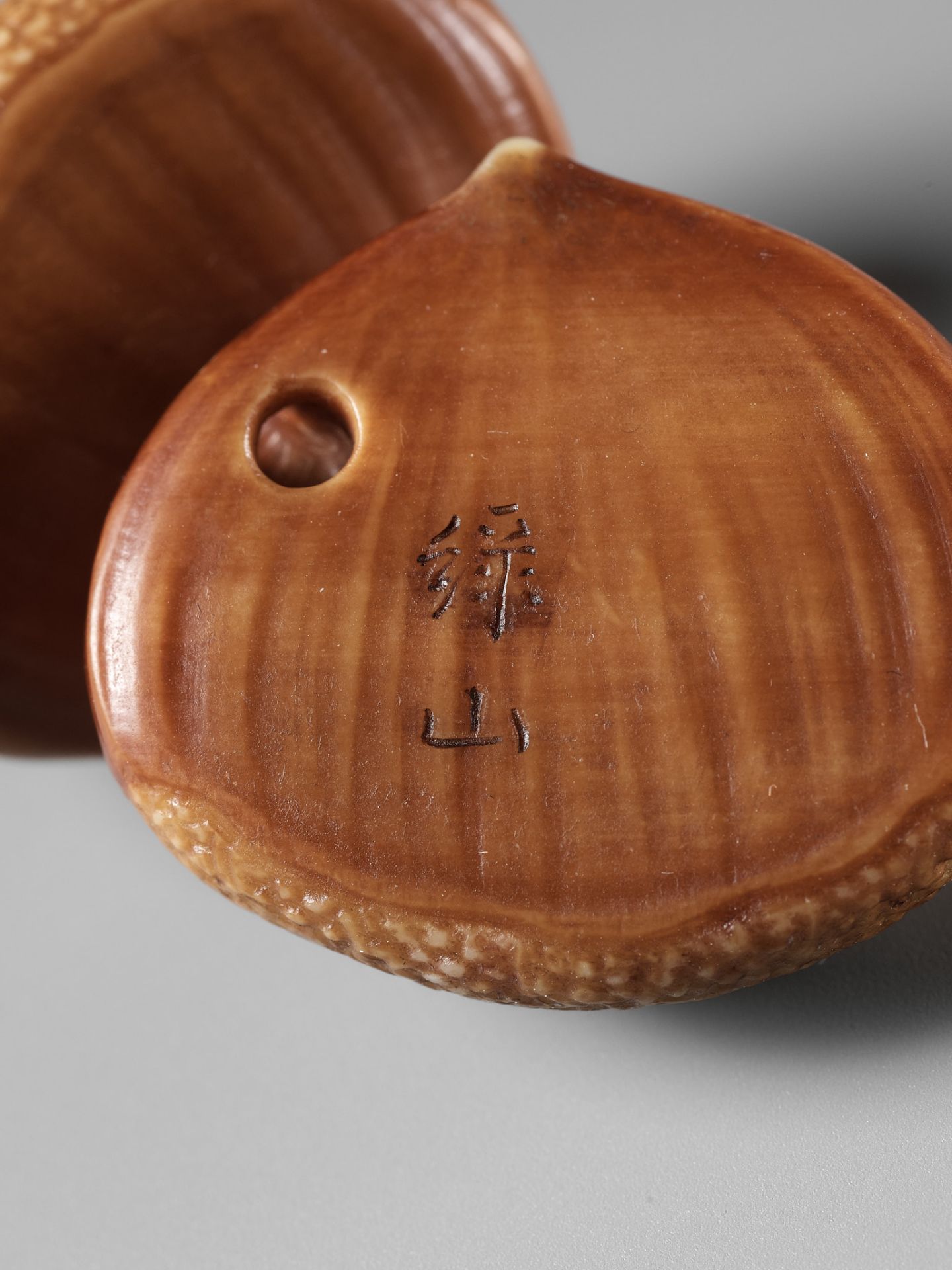 ANDO RYOKUZAN: A FINE LACQUERED IVORY NETSUKE OF TWO CHESTNUTS - Image 10 of 11