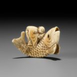 YOSHITSUGU: AN EARLY IVORY NETSUKE OF KINKO SENNIN ON A CARP