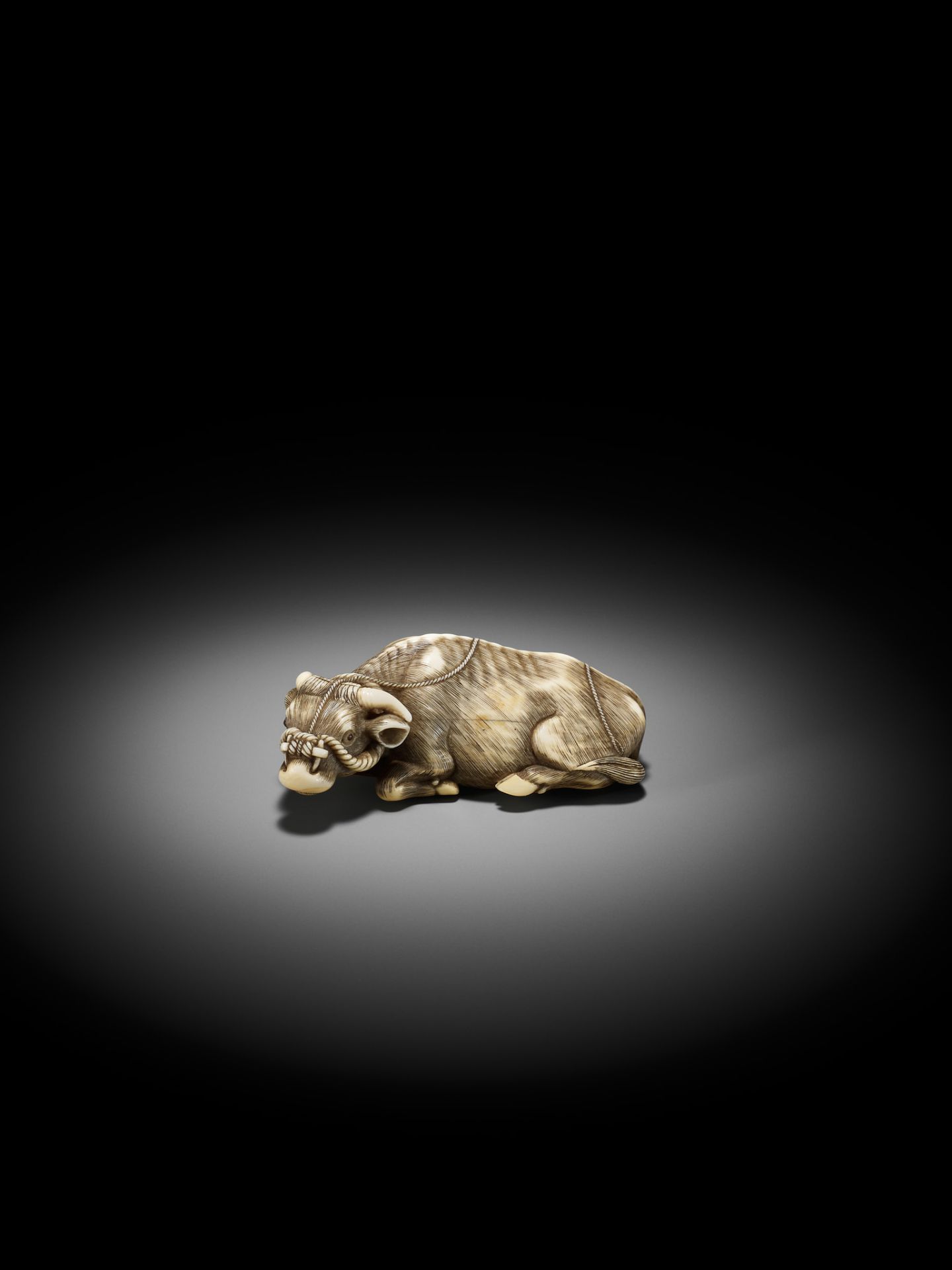 A SUPERB IVORY NETSUKE OF A RECUMBENT OX, ATTRIBUTED TO OKATOMO - Bild 8 aus 15