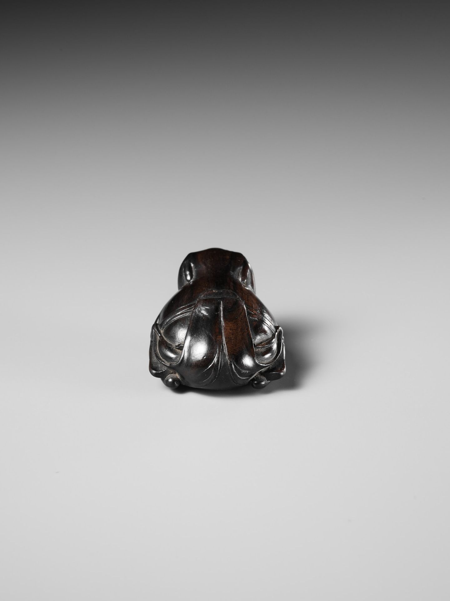 A RARE DARK WOOD NETSUKE OF A SUMO WRESTLING FROG - Image 9 of 13