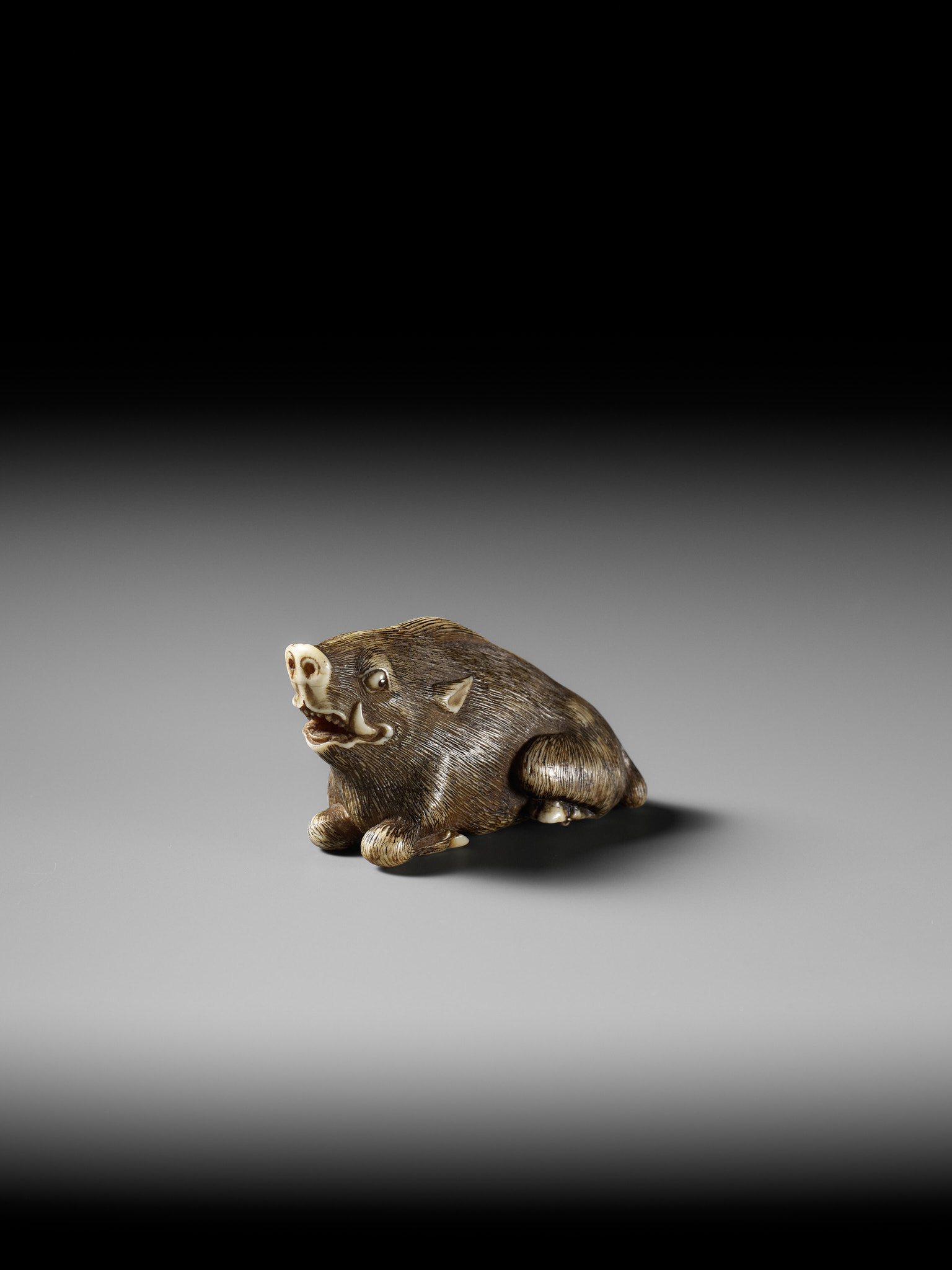 A KYOTO SCHOOL IVORY NETSUKE OF A FRIGHTENED RECLINING BOAR - Image 8 of 13