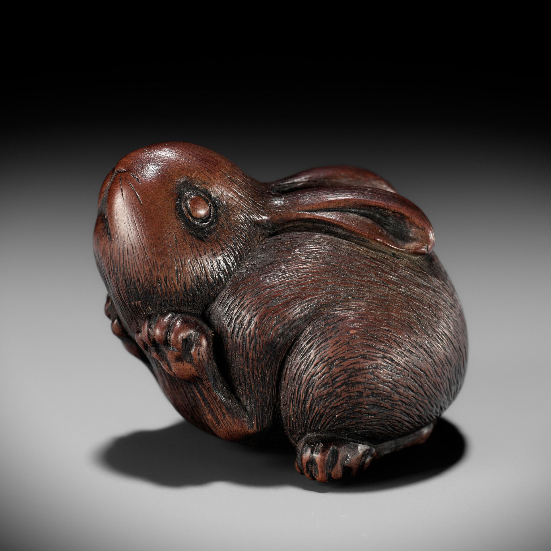 AZAN: A SUPERB WOOD NETSUKE OF A CHUBBY HARE