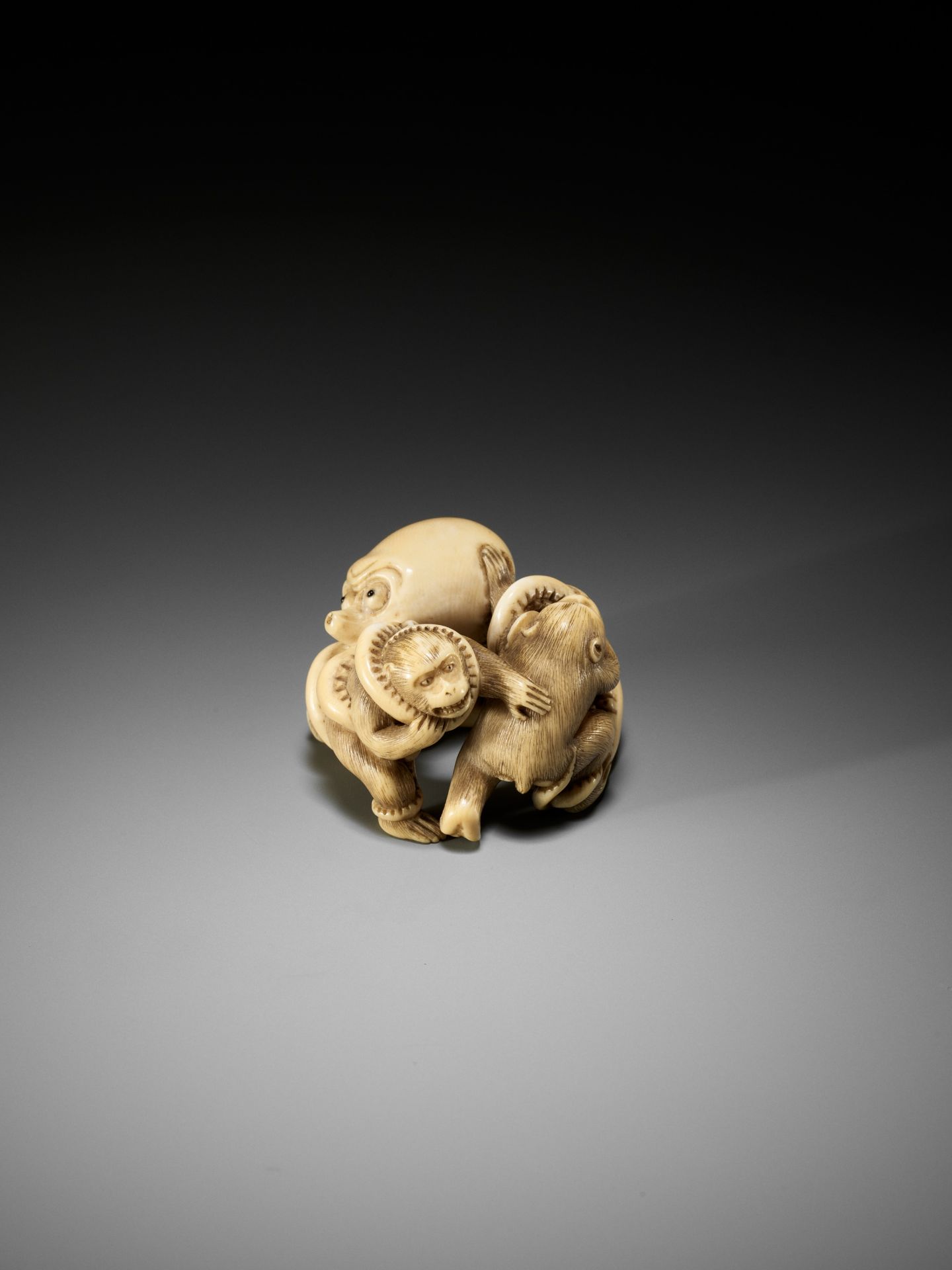 IKKOSAI: A SUPERB IVORY NETSUKE OF TWO MONKEYS FIGHTING AN OCTOPUS - Image 8 of 15