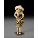 A FINE IVORY NETSUKE OF A DUTCHMAN WITH COCKEREL