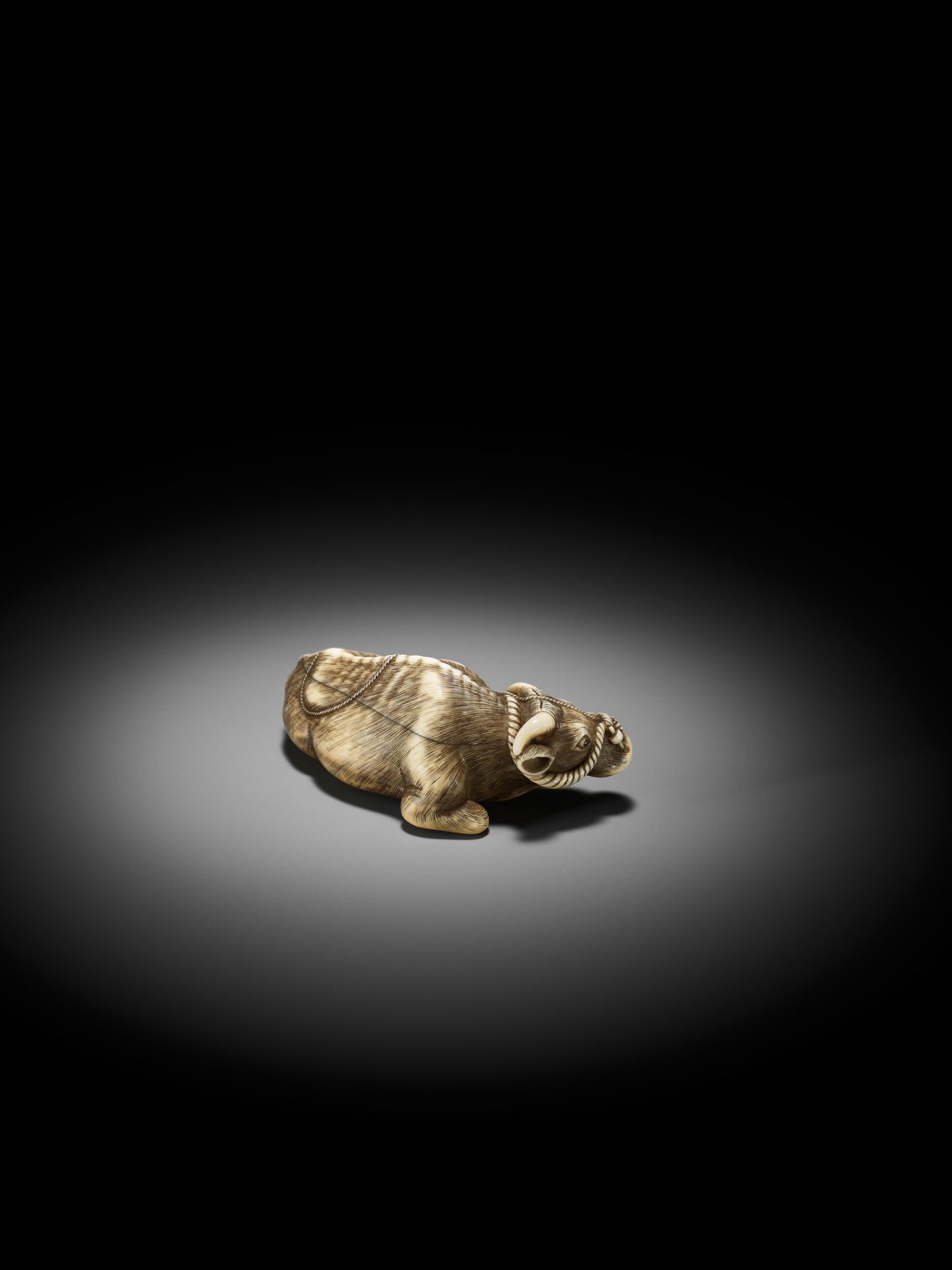 A SUPERB IVORY NETSUKE OF A RECUMBENT OX, ATTRIBUTED TO OKATOMO - Bild 11 aus 15