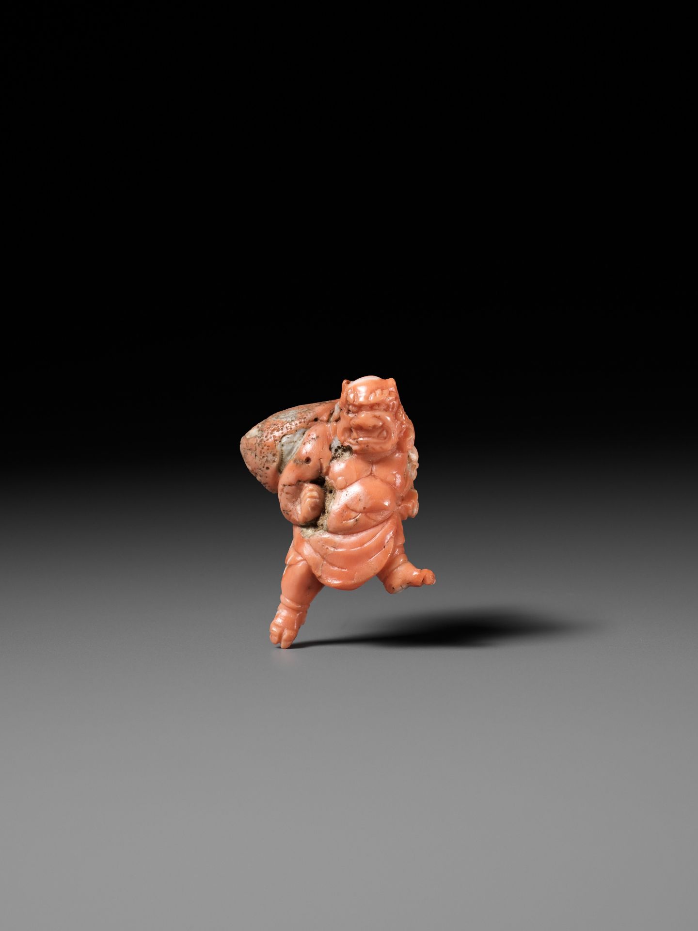 A VERY RARE SOLID CORAL NETSUKE OF FUJIN - Image 2 of 9