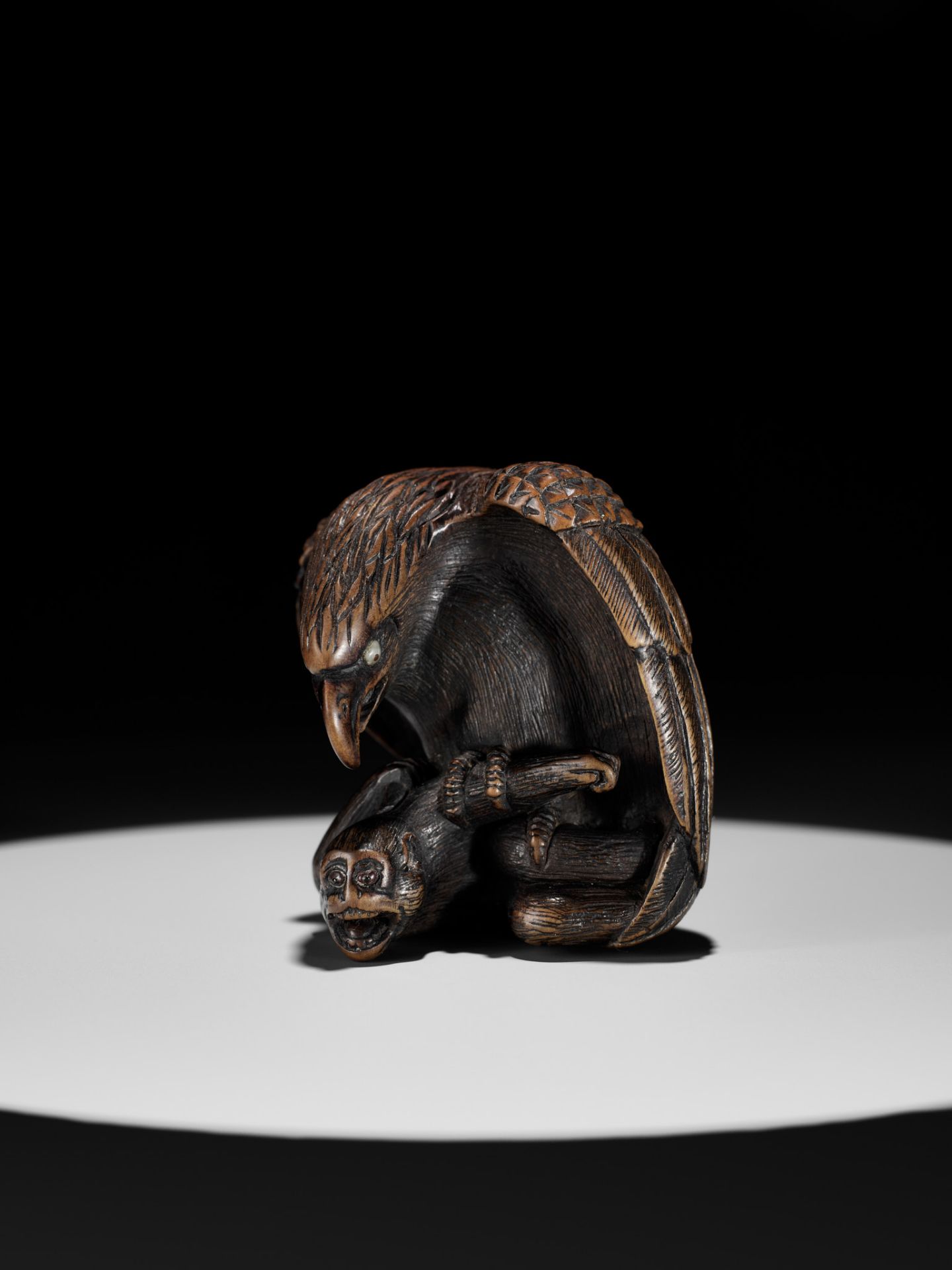 NOBUKAZU: A FINE WOOD NETSUKE OF AN EAGLE ATTACKING A MONKEY - Image 14 of 16