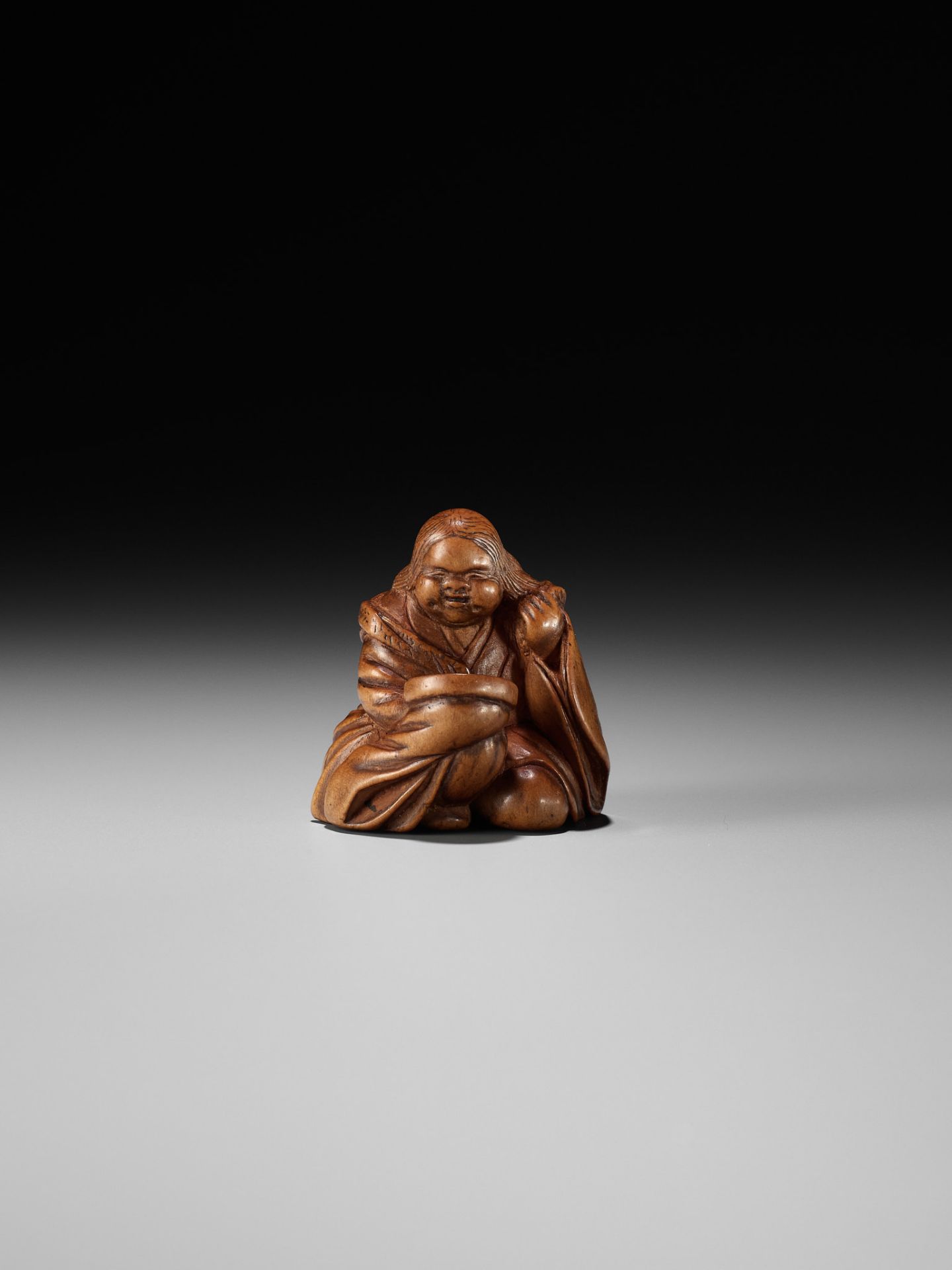 JOBUN: A VERY RARE WOOD NETSUKE OF OKAME WITH A SAKE SAUCER - Image 2 of 14