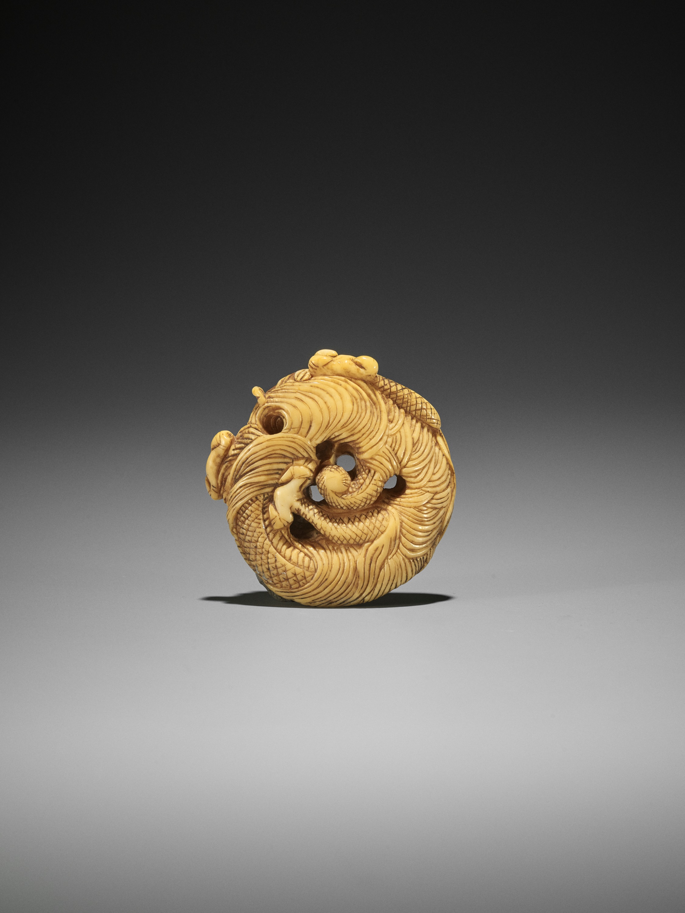 AN IVORY NETSUKE OF A COILED ONE-HORNED DRAGON - Image 2 of 10