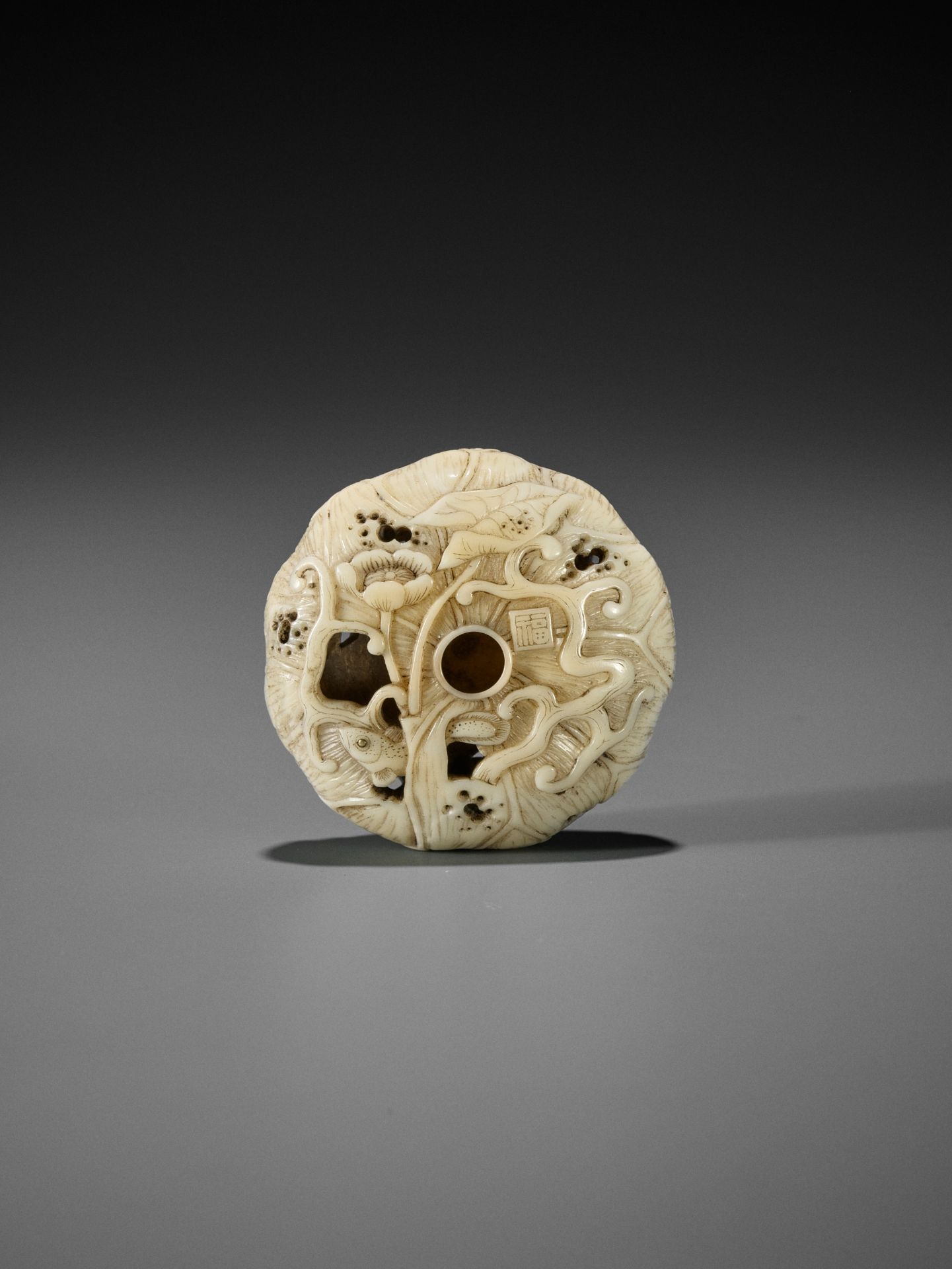 FUKU: A SUPERB GOLD-INLAID RYUSA MANJU NETSUKE DEPICTING KAPPA AND LOTUS - Image 3 of 10