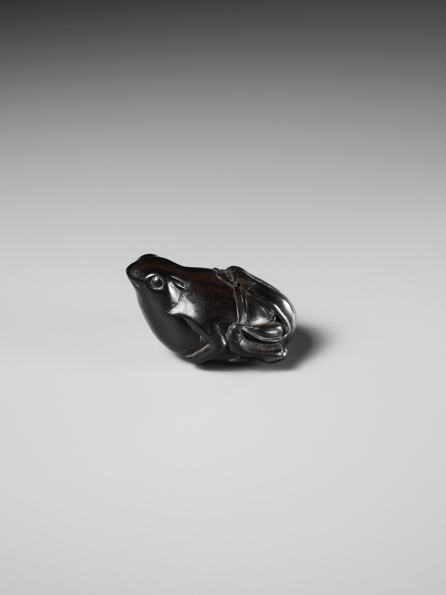 A RARE DARK WOOD NETSUKE OF A SUMO WRESTLING FROG - Image 7 of 13