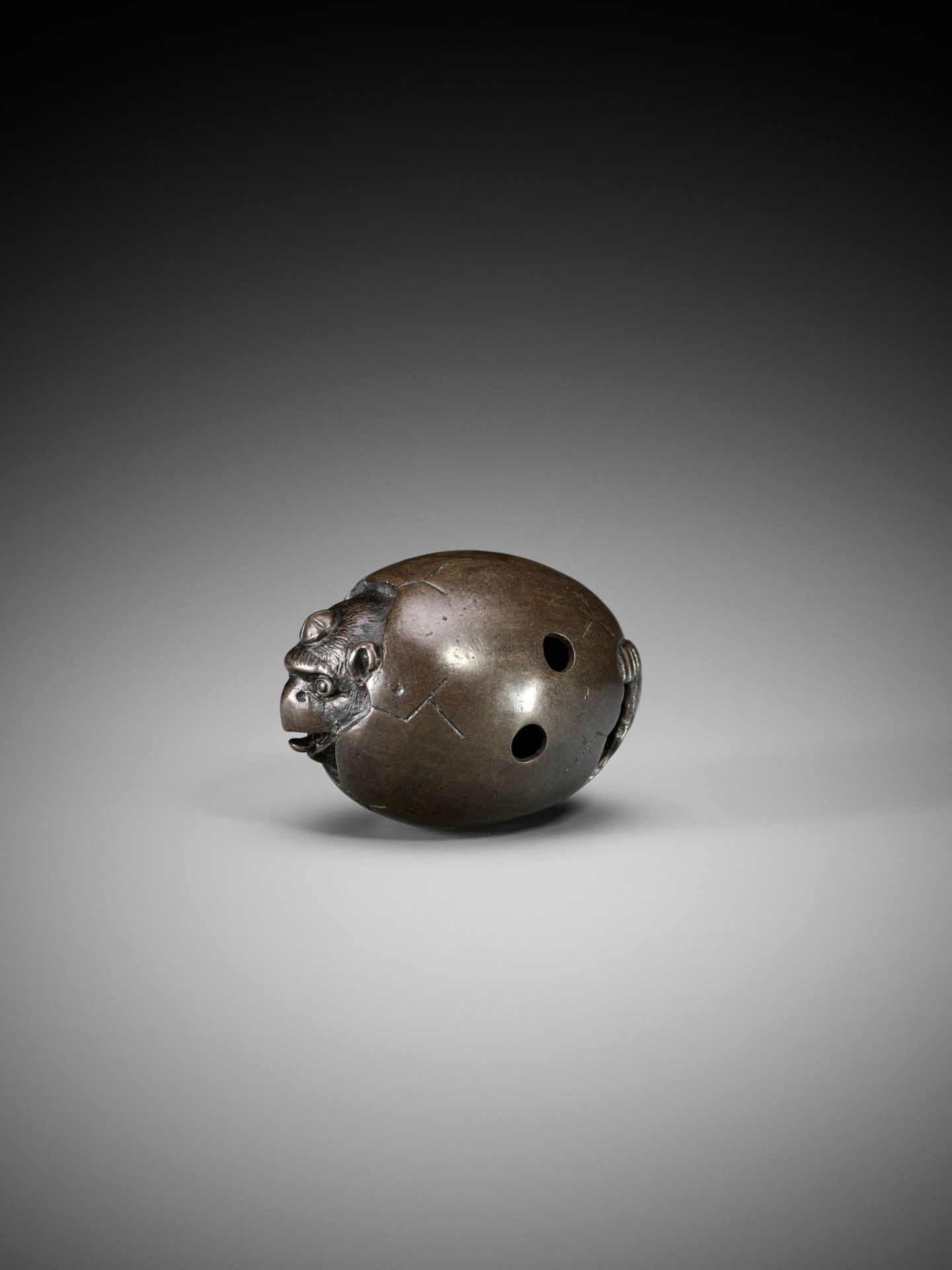 A RARE BRONZE NETSUKE OF A HATCHING TENGU (TENGU NO TOMAGO) - Image 2 of 7