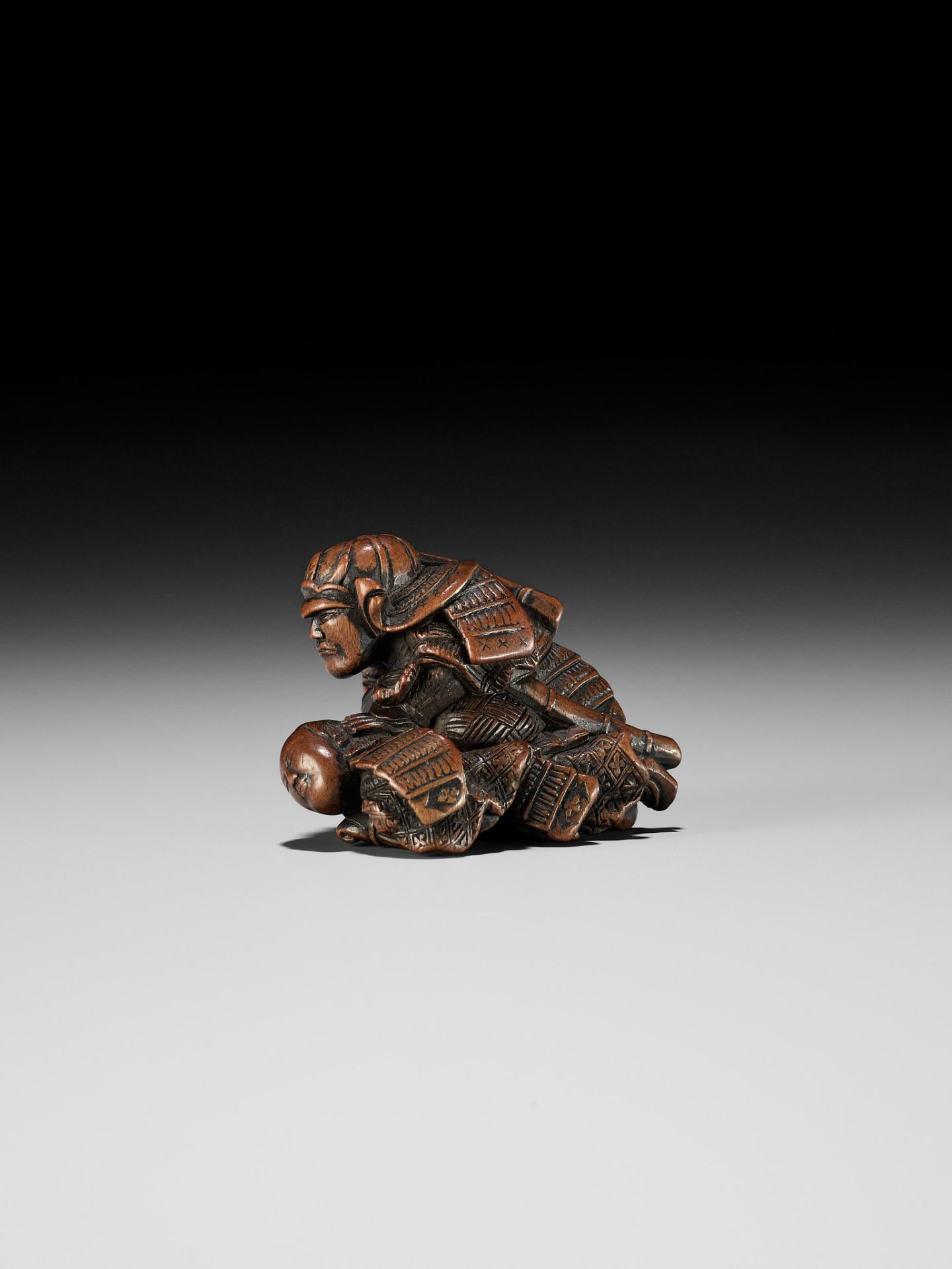 MASATOSHI: A RARE WOOD NETSUKE OF KUMAGAI NAOZANE AND TAIRA ATSUMORI IN COMBAT - Bild 8 aus 15