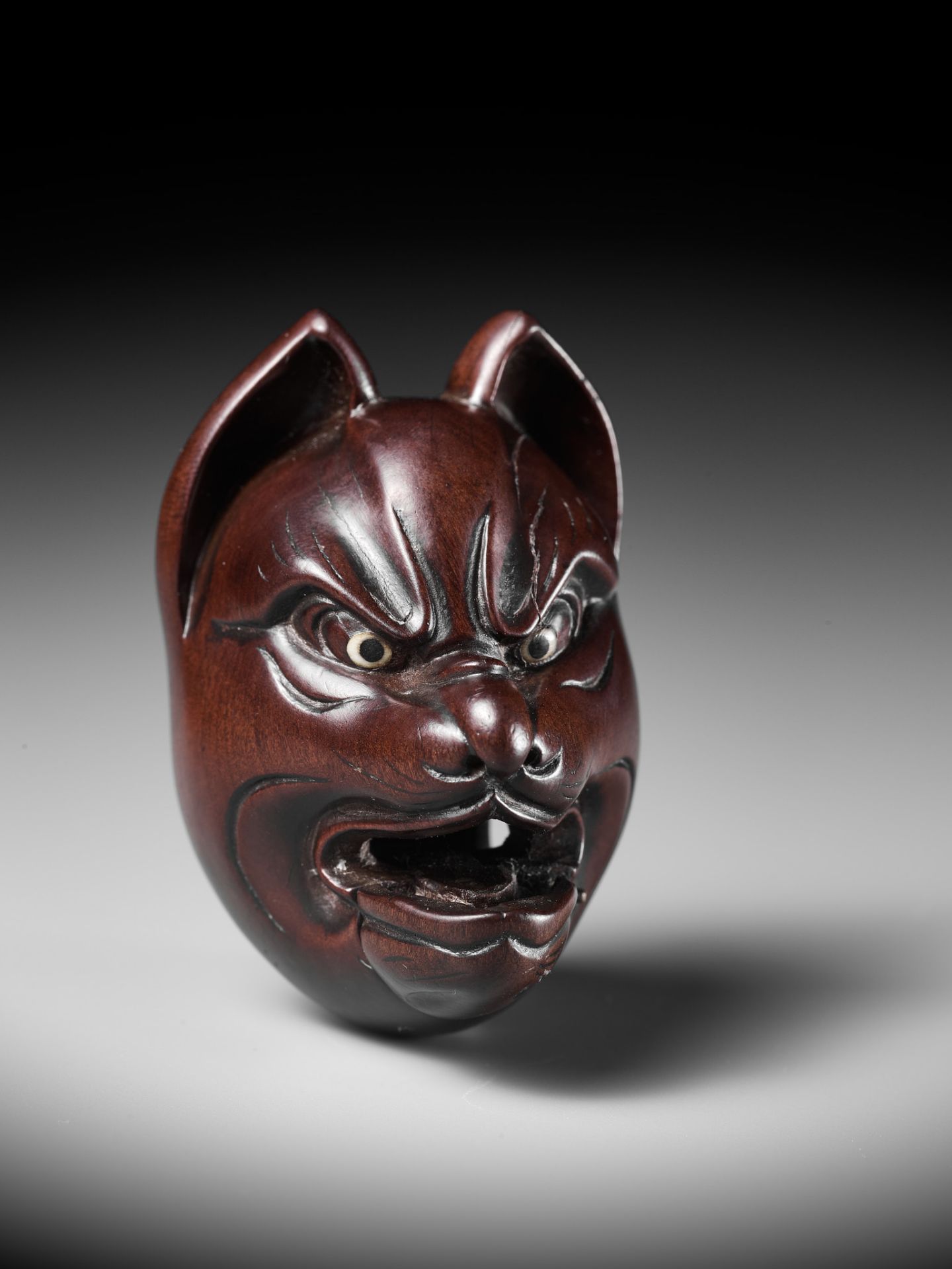 TAKASHIGE: A SUPERB AND LARGE WOOD MASK OF KITSUNE (FOX) WITH MOVABLE JAW - Image 7 of 16