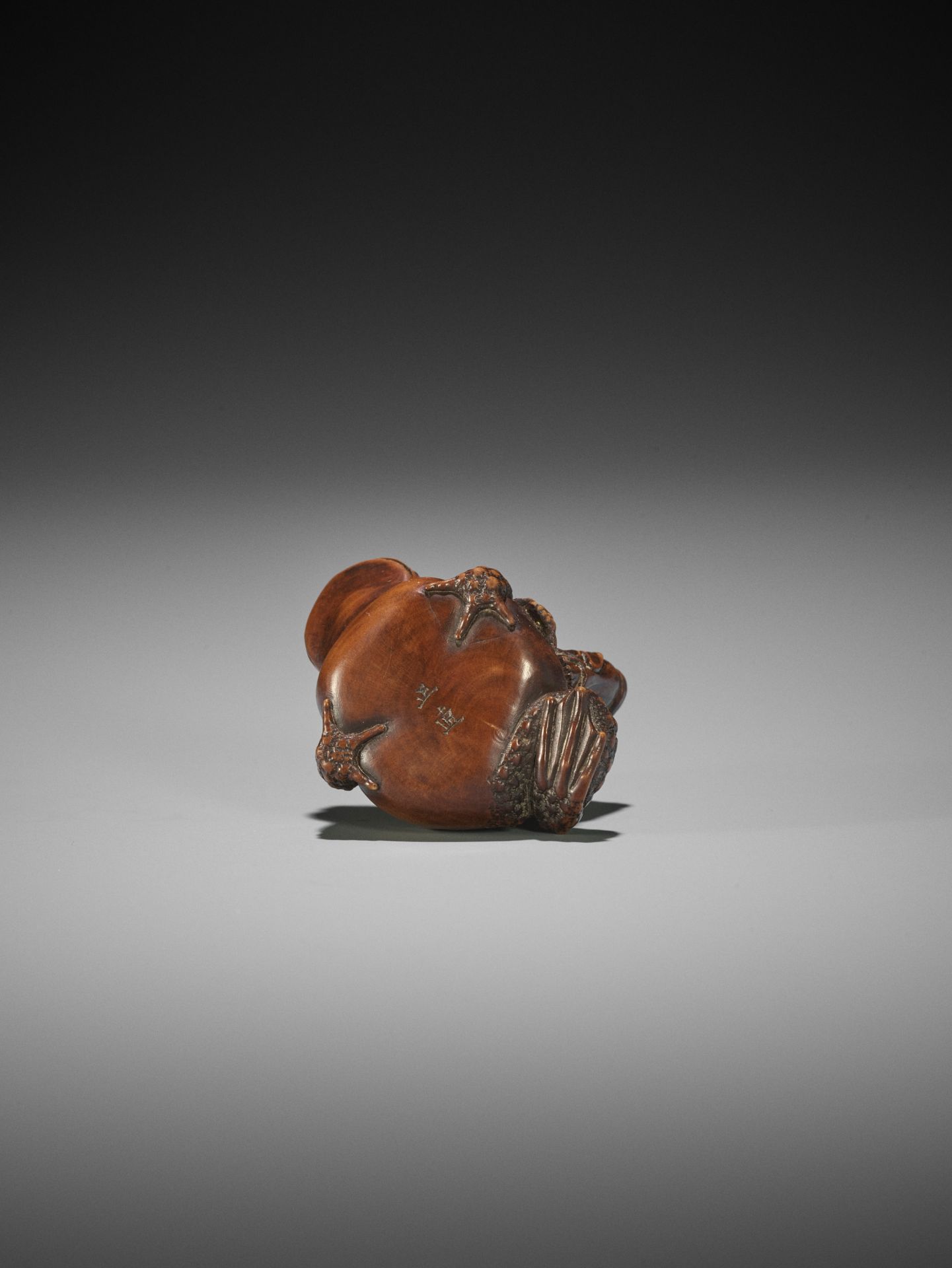 MASANAO: A RARE WOOD NETSUKE OF GAMA SENNIN SEATED ON THE FROG GOD SEIAJIN - Image 14 of 15