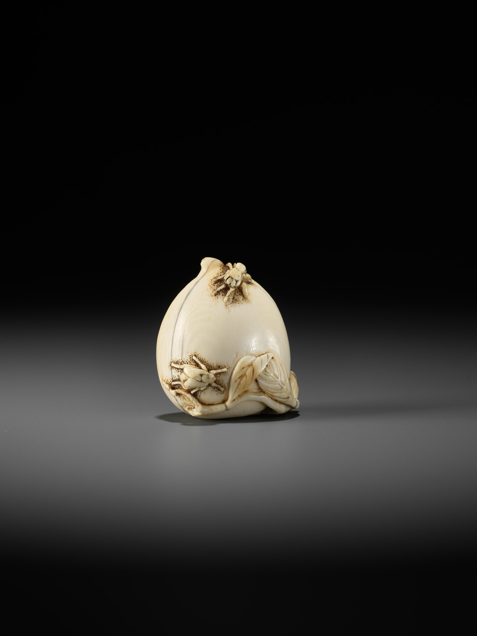 AN IVORY NETSUKE OF A PEACH WITH INSECTS - Image 7 of 10