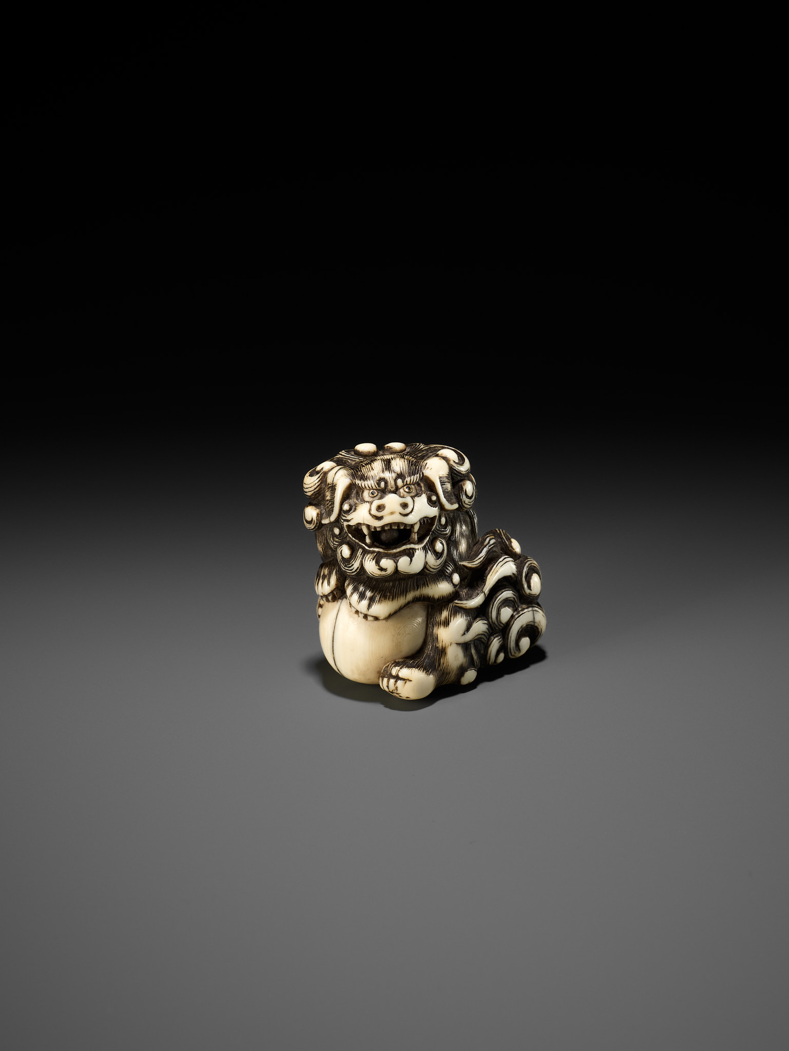 AN IVORY NETSUKE OF A SNARLING SHISHI WITH BALL - Image 7 of 10