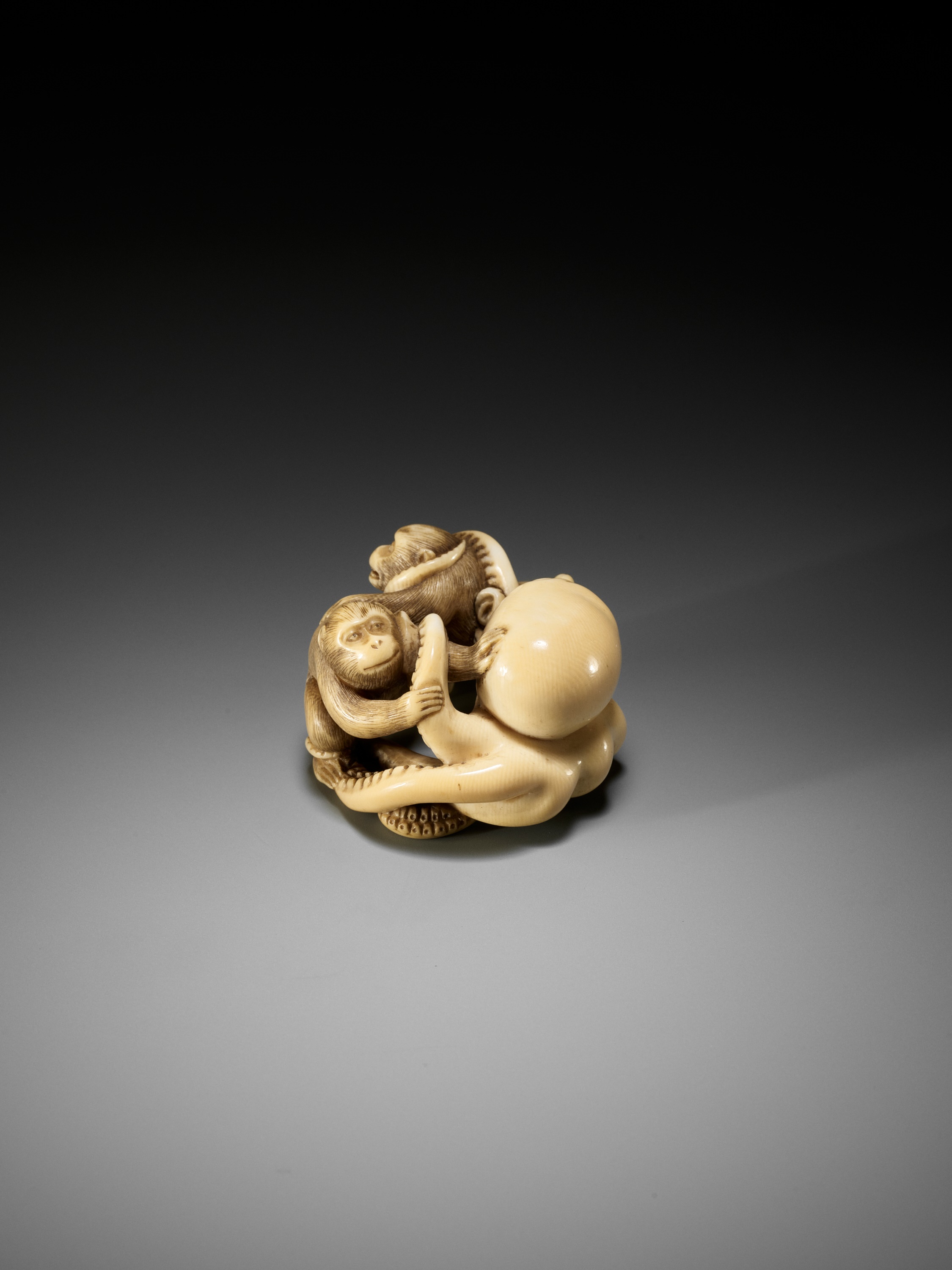 IKKOSAI: A SUPERB IVORY NETSUKE OF TWO MONKEYS FIGHTING AN OCTOPUS - Image 10 of 15