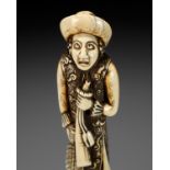 A SUPERB AND LARGE IVORY NETSUKE OF A DUTCHMAN WITH A TRUMPET