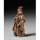 SETTEI: A VERY FINE MINIATURE WOOD NETSUKE OF BENTEN HOLDING A BIWA