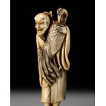 A VERY RARE AND LARGE IVORY NETSUKE OF BAIFUKU WITH HO-O BIRD