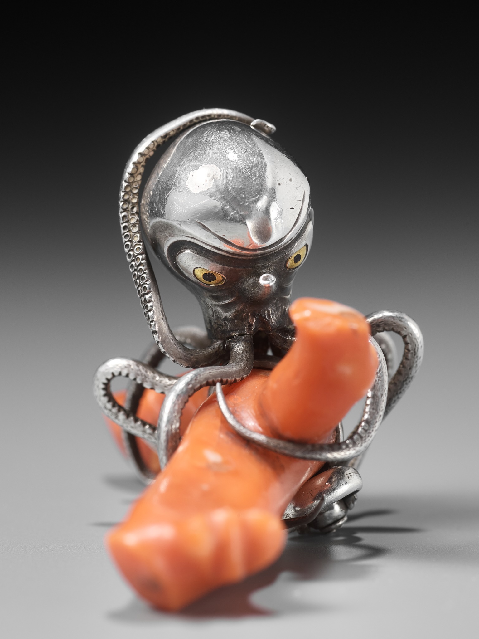 MINKOKU: A LARGE SILVER NETSUKE OF AN OCTOPUS GRASPING A PIECE OF CORAL - Image 8 of 14