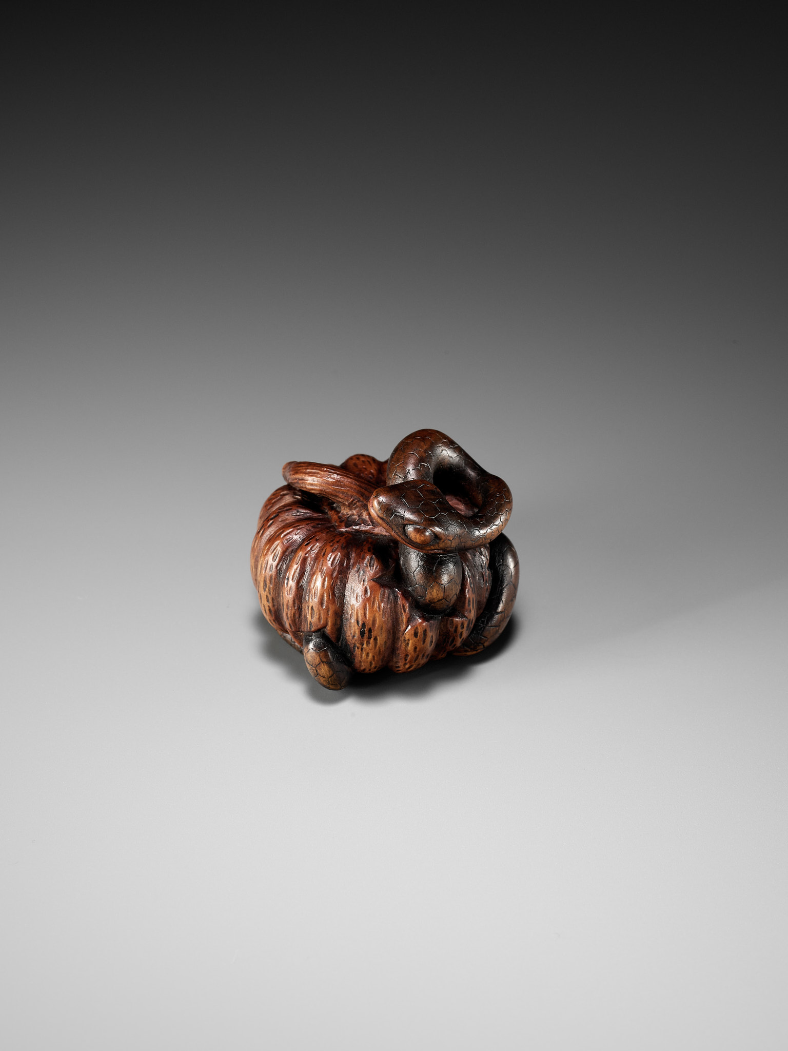 SHIGEMASA: A FINE NAGOYA SCHOOL WOOD NETSUKE OF SNAKE WINDING THROUGH A PUMPKIN - Image 7 of 11