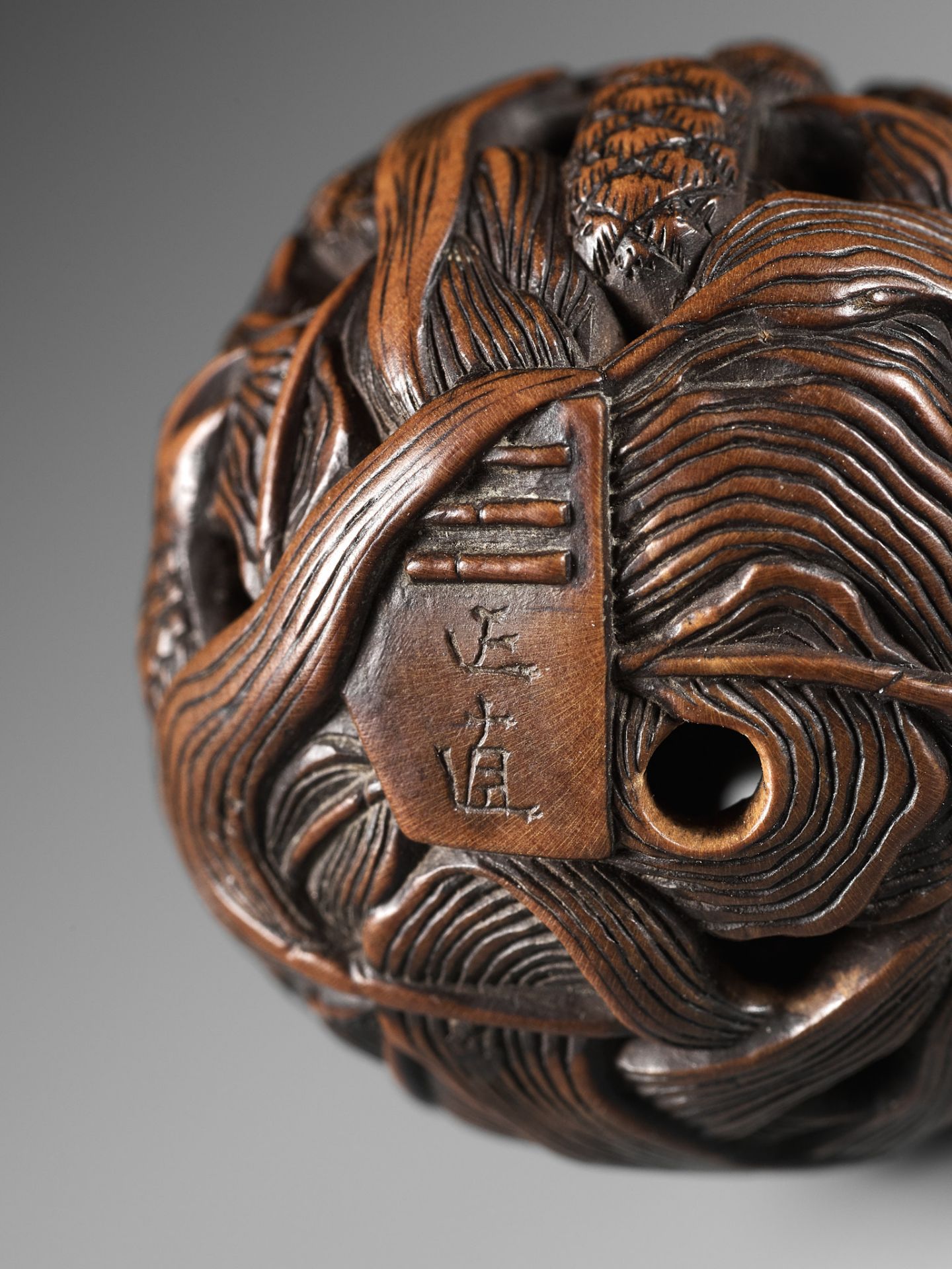 MASANAO: A FINE WOOD NETSUKE DEPICTING AN AUTUMNAL SCENE OF QUAILS AND MILLET - Image 14 of 14