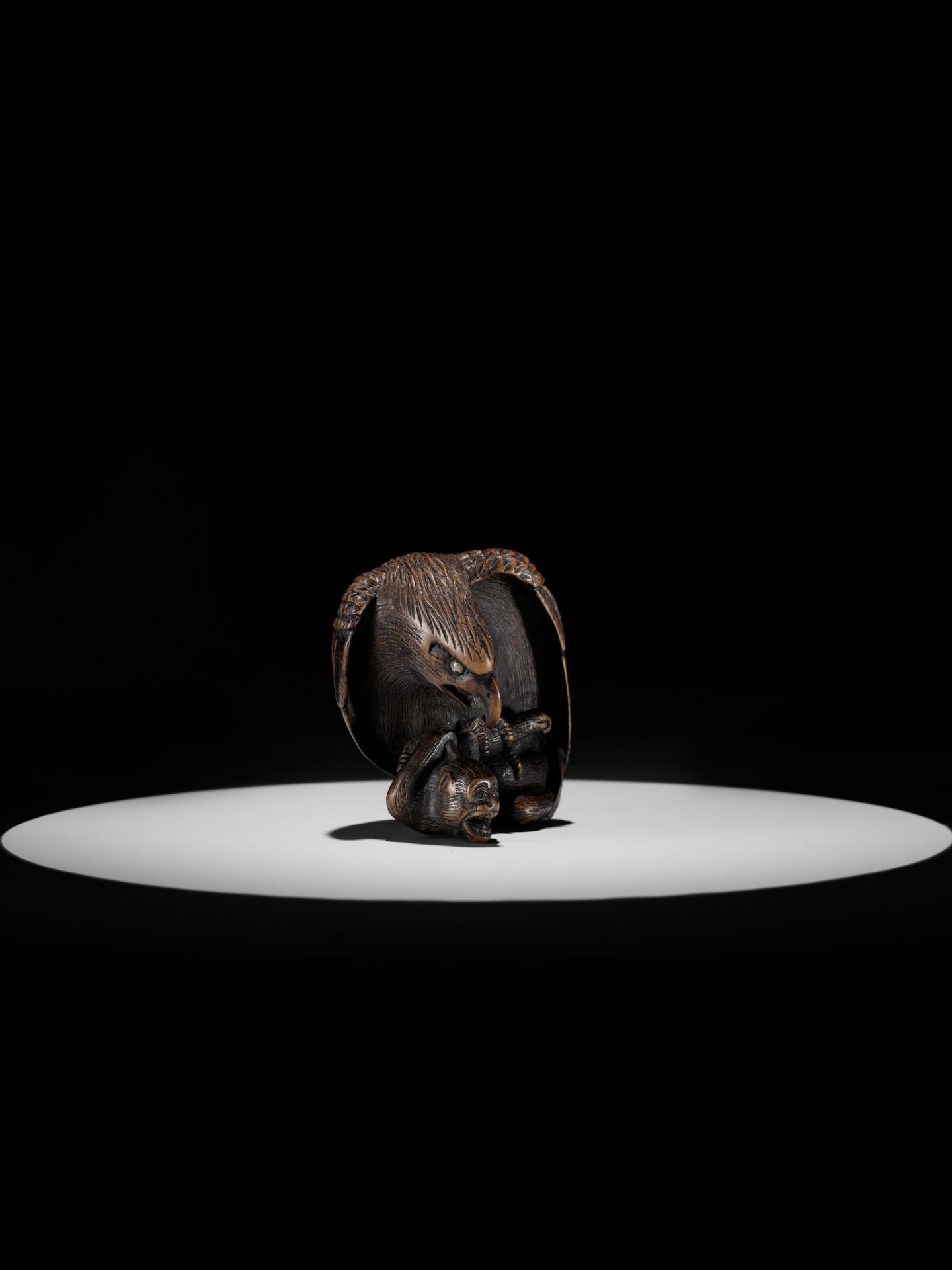 NOBUKAZU: A FINE WOOD NETSUKE OF AN EAGLE ATTACKING A MONKEY - Image 10 of 16